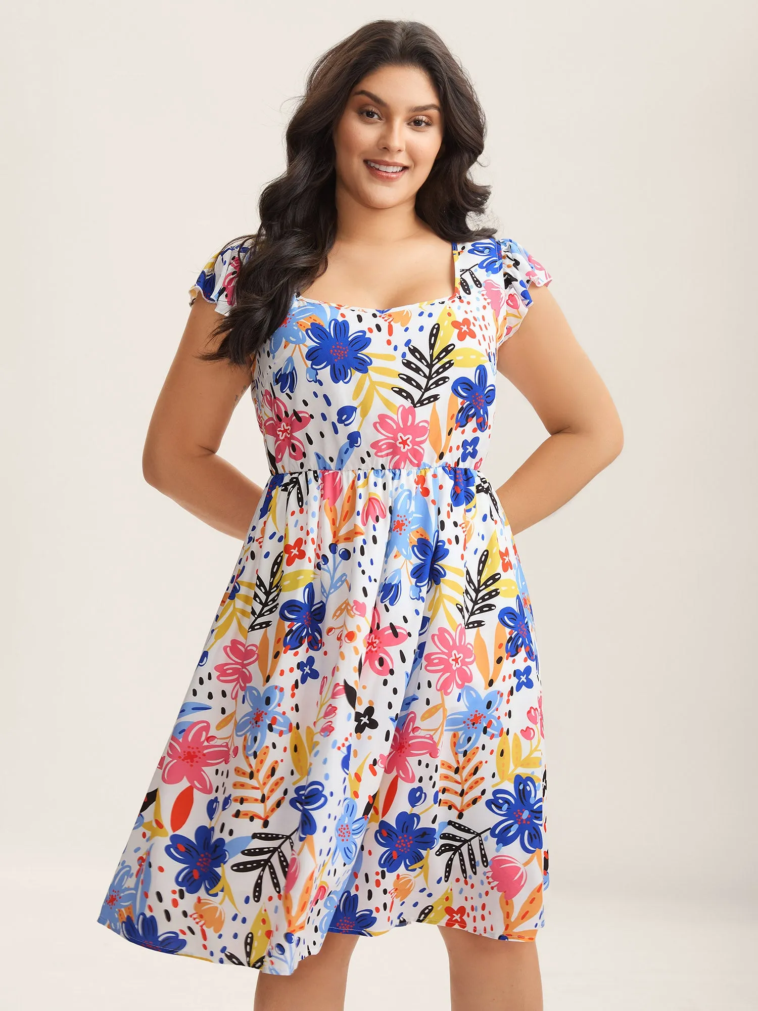 Rayon Fun Floral Print Ruffled Sleeve Midi Dress sold by Bloomchic