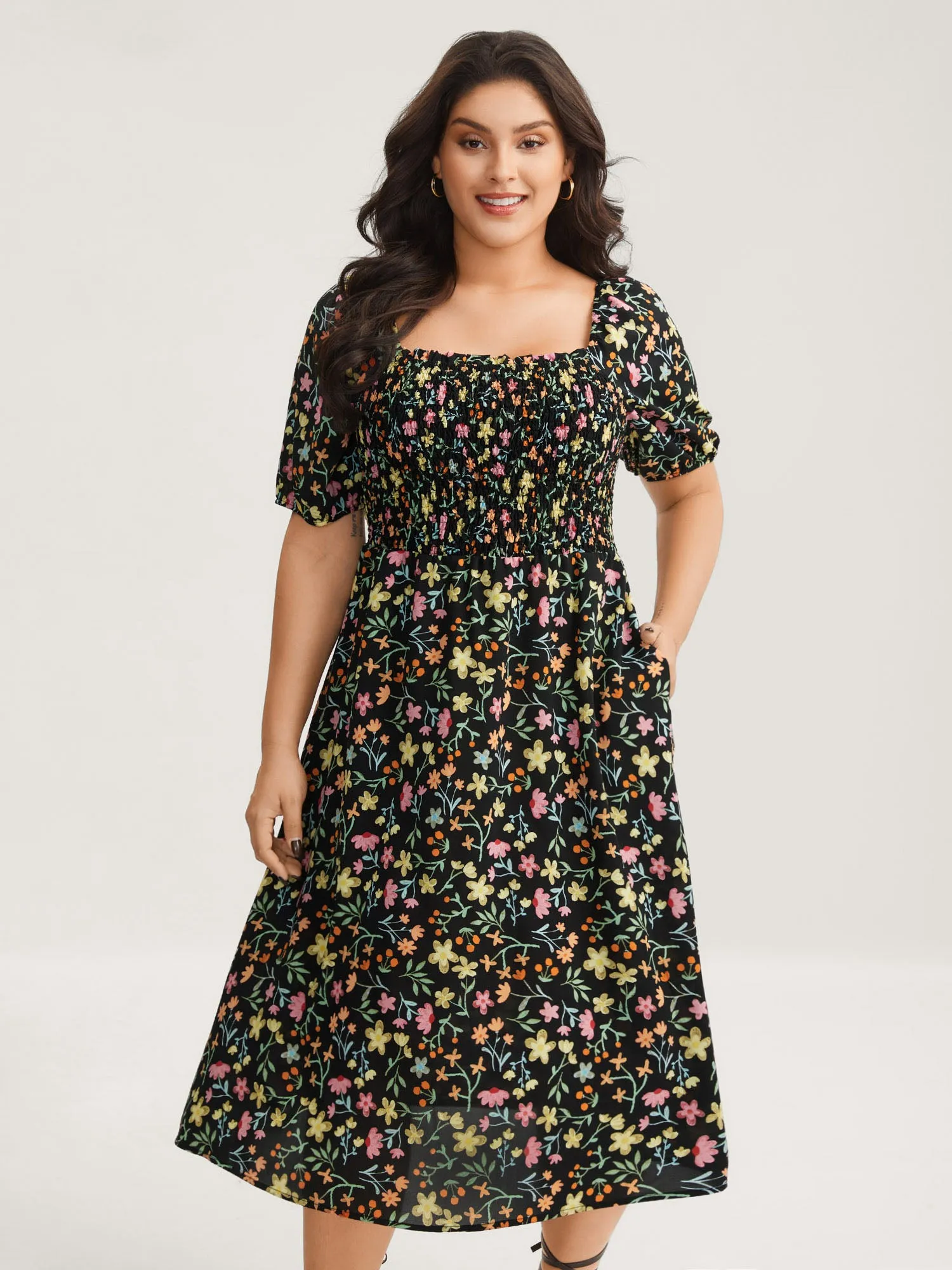 Floral Print Shirred Pockets Midi Dress sold by Bloomchic