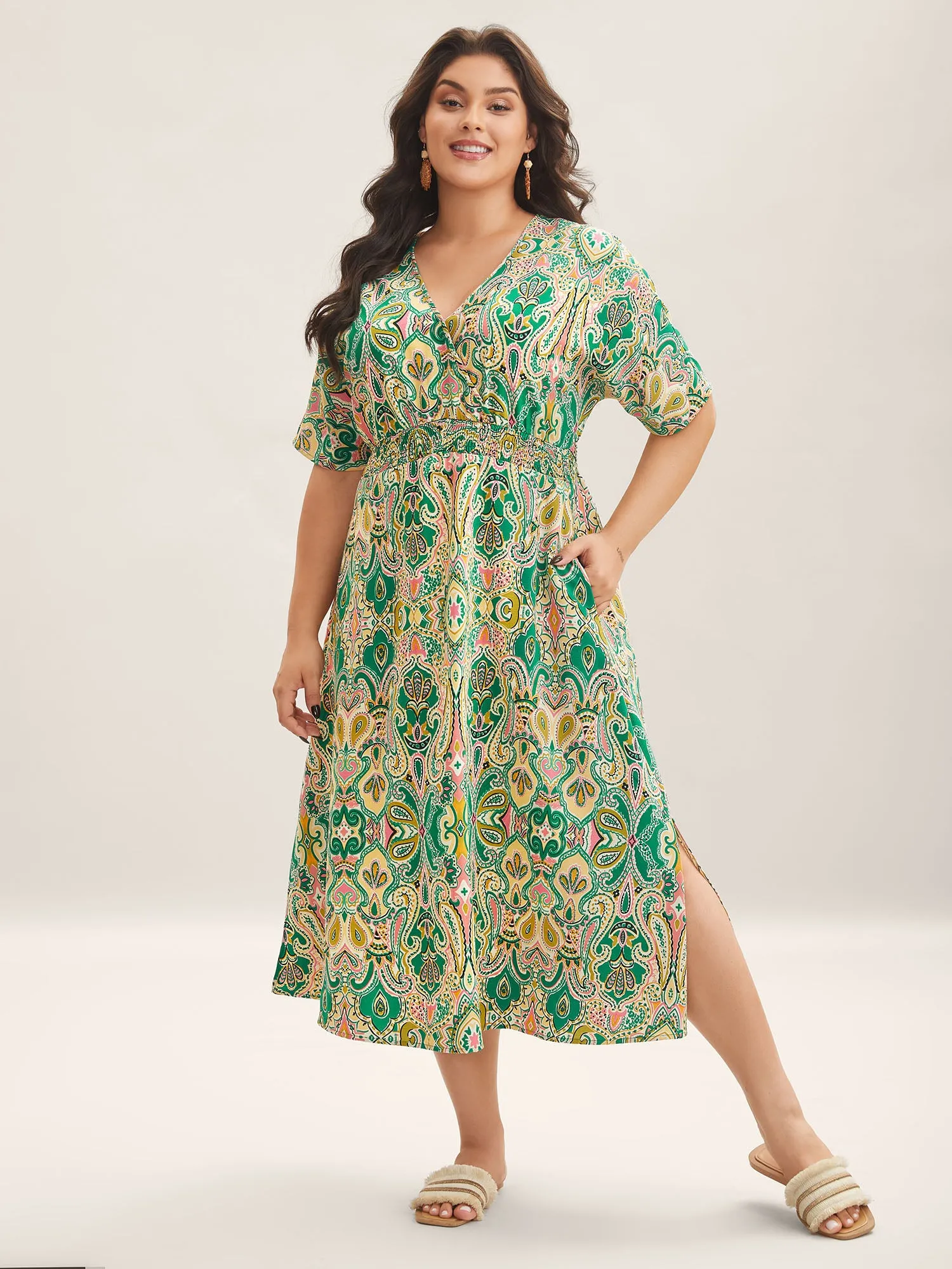Paisley Print Shirred Pockets Midi Dress sold by Bloomchic