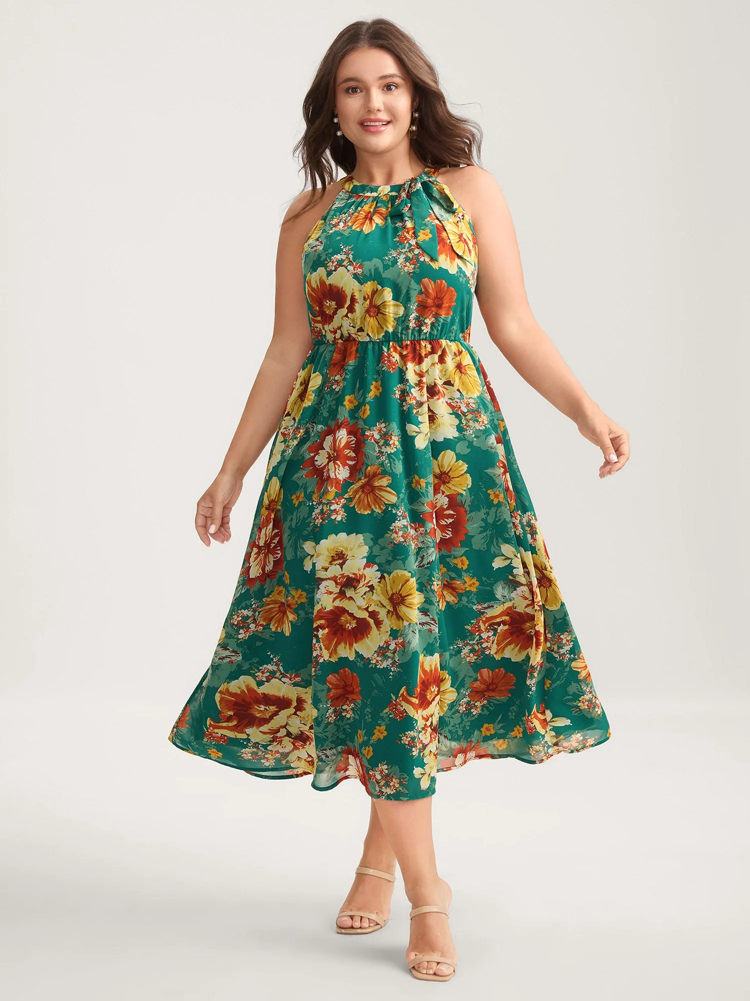 Large Floral Print Stretchy-Waist Midi Dress sold by Bloomchic