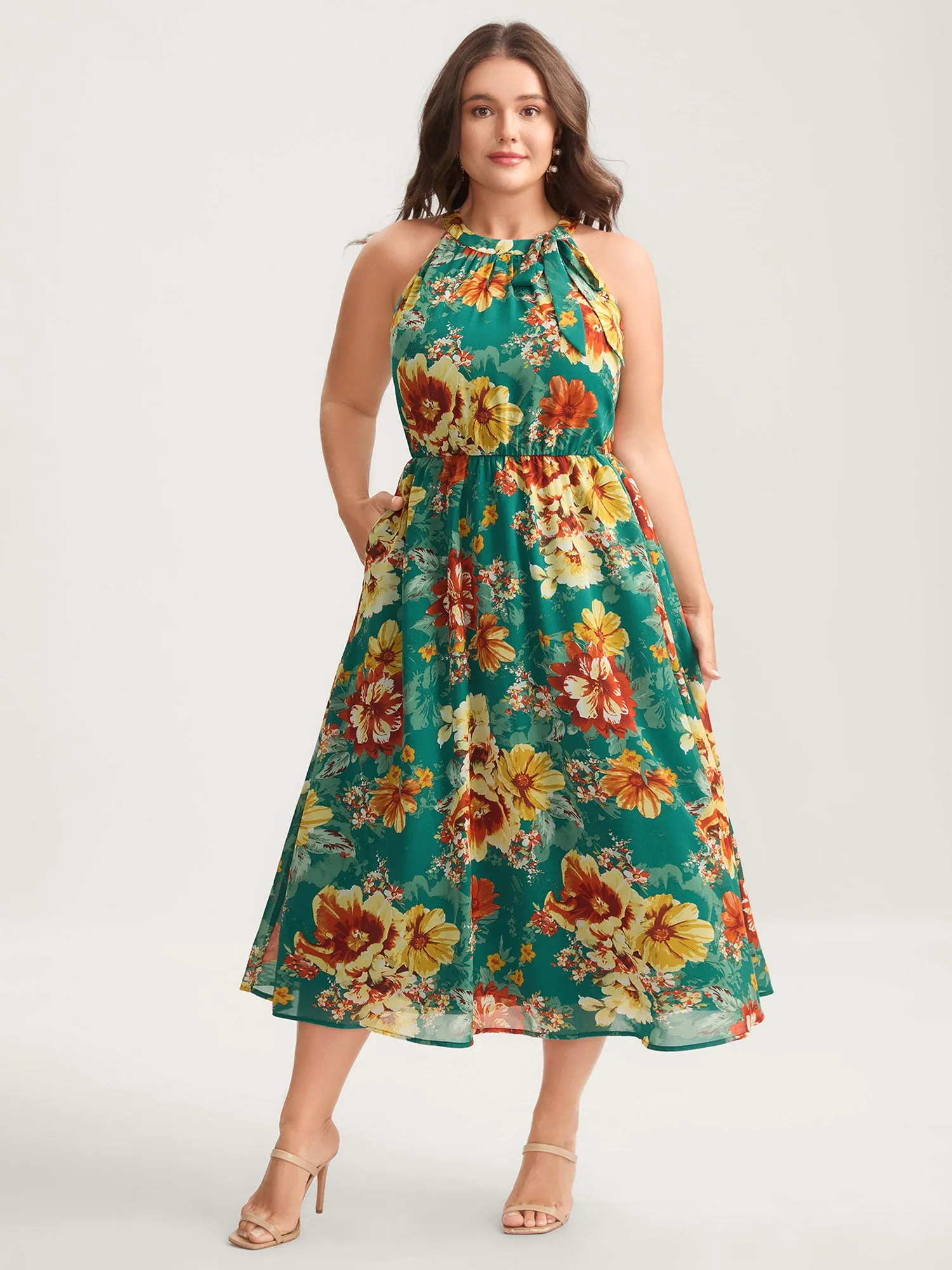 Large Floral Print Stretchy-Waist Midi Dress sold by Bloomchic product image thumbnail 3