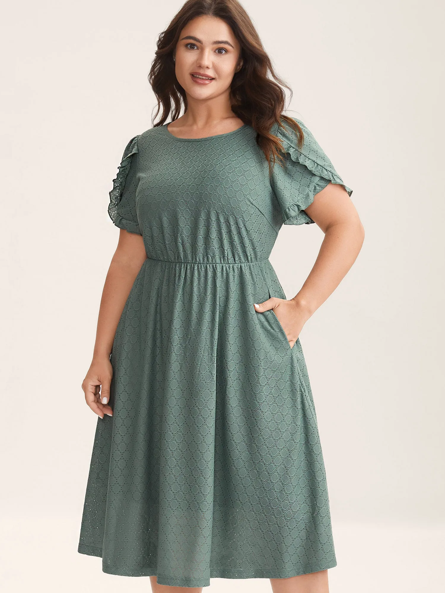 Textured Petal Sleeve Pockets Midi Dress sold by Bloomchic