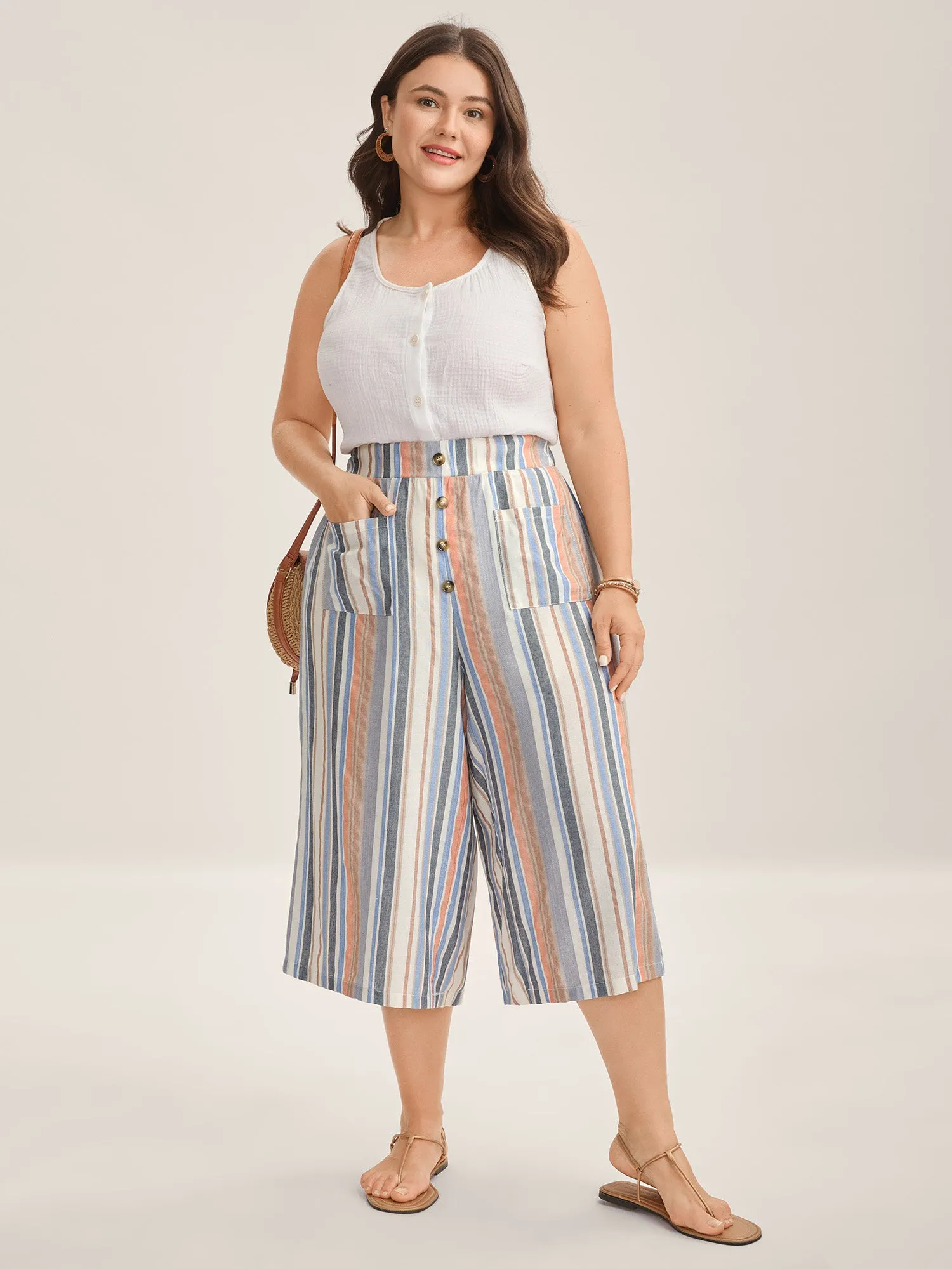 Soft Stripes Button Wide-Leg Pants sold by Bloomchic