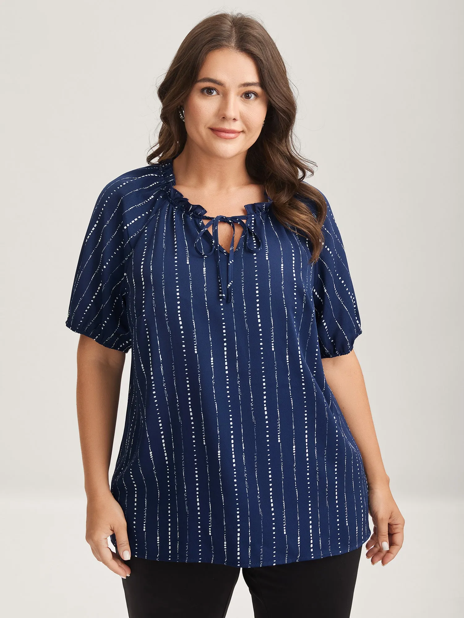 Textured Notched Collar Tie Puffy Blouse sold by Bloomchic