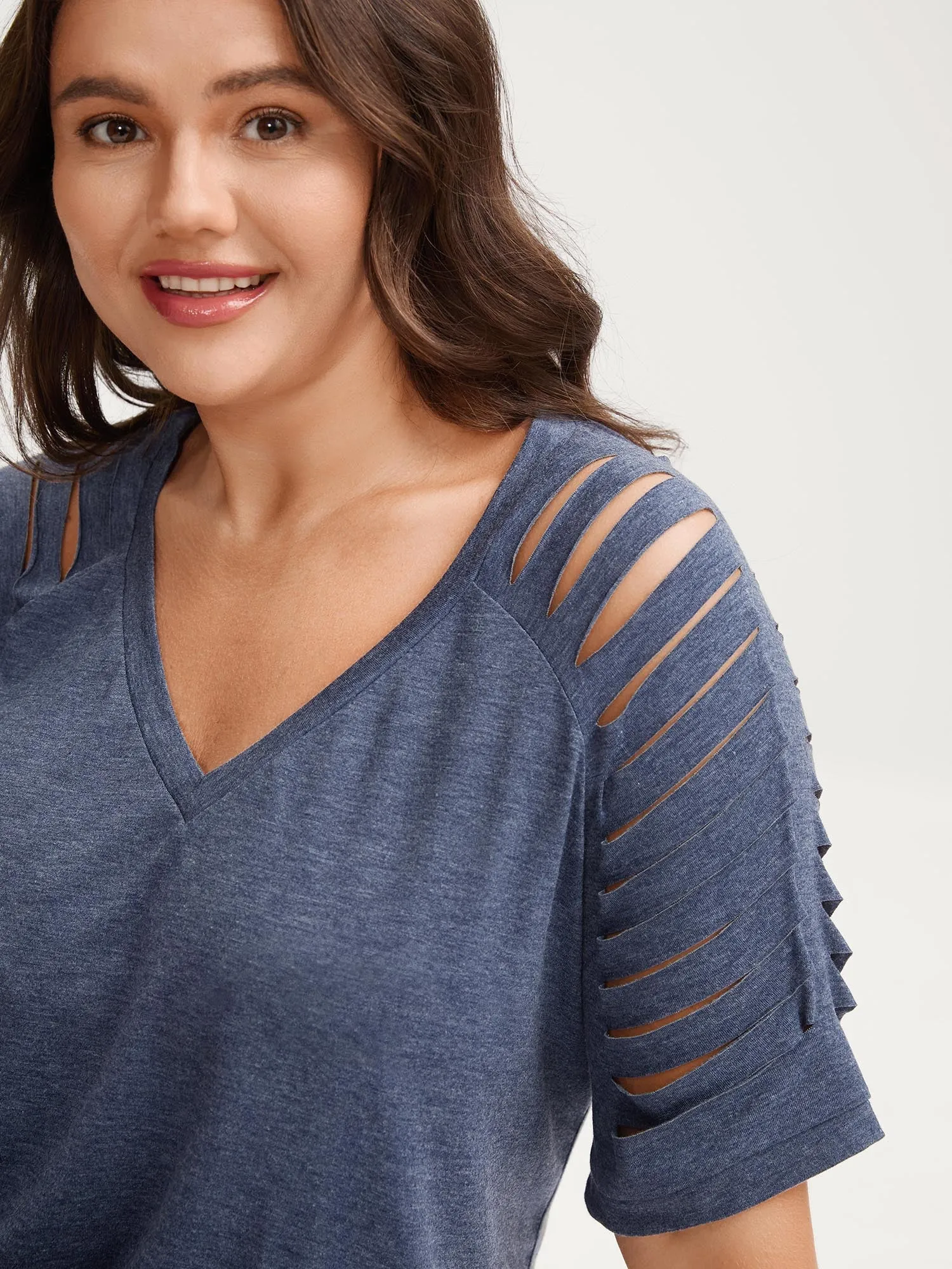 Cut-Out Sleeve V Neck T-Shirt sold by Bloomchic