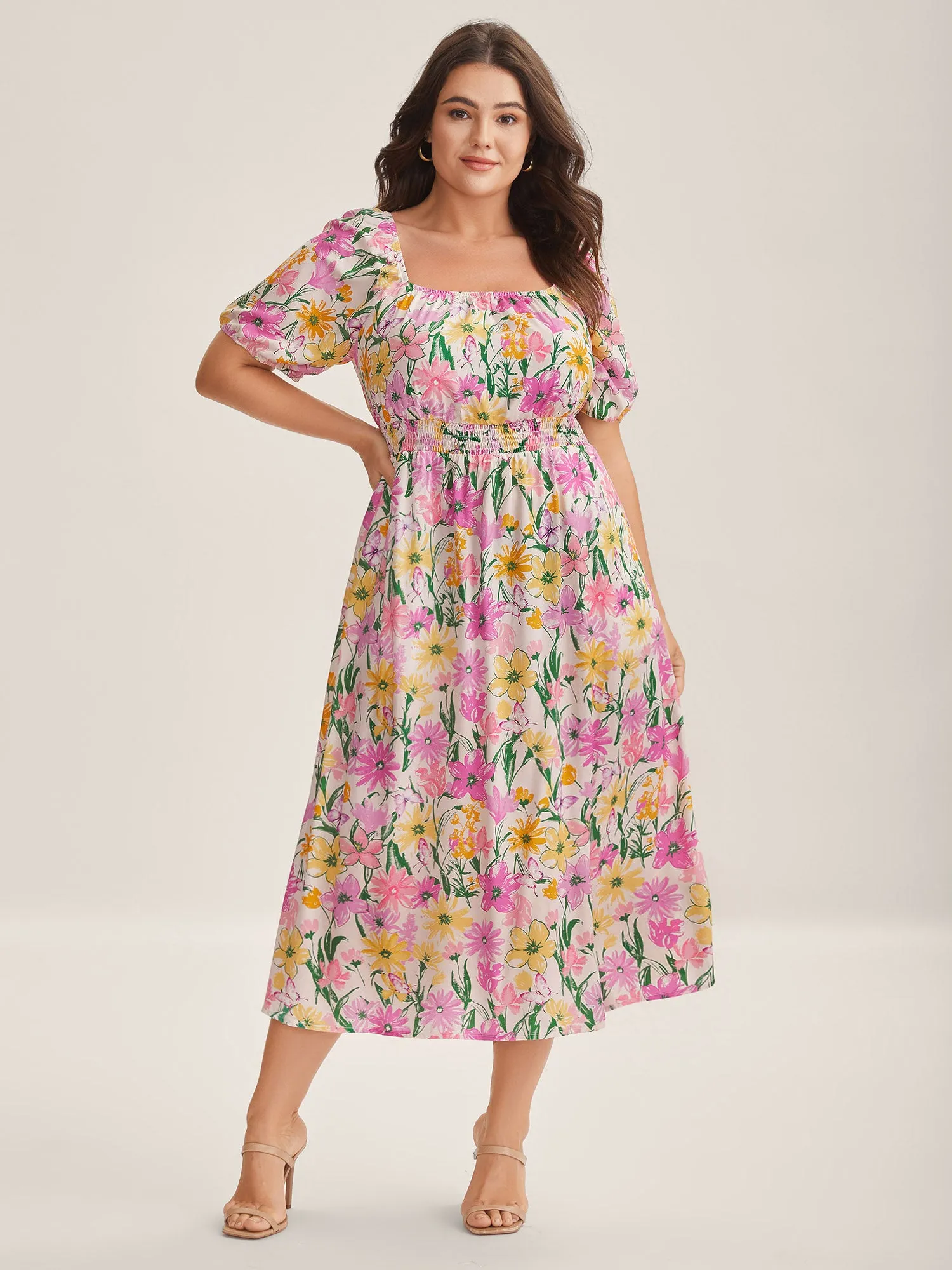 Sweet Floral Print Square Neck Midi Dress sold by Bloomchic