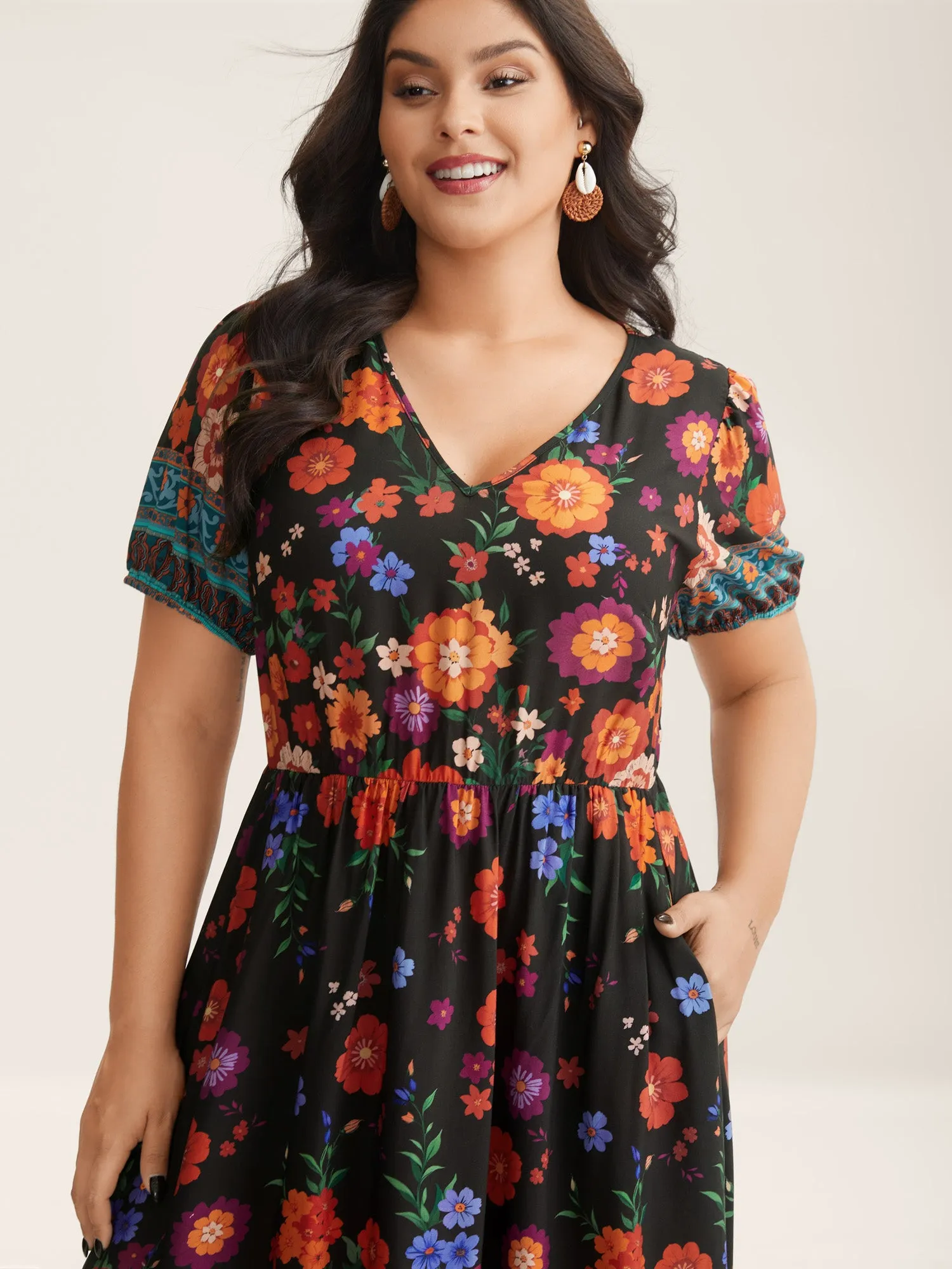 Colorful Floral Print V-Neck Midi Dress sold by Bloomchic product image thumbnail 2