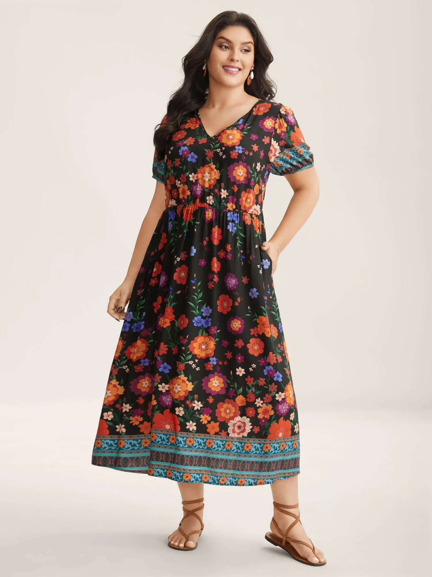 Colorful Floral Print V-Neck Midi Dress sold by Bloomchic
