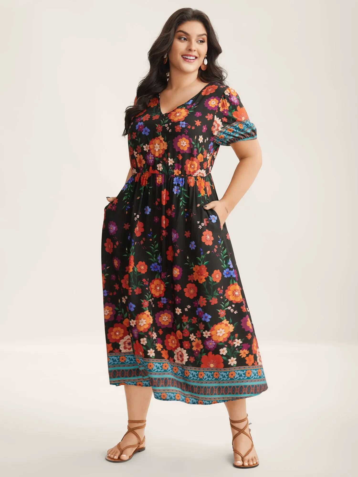 Colorful Floral Print V-Neck Midi Dress sold by Bloomchic product image thumbnail 3