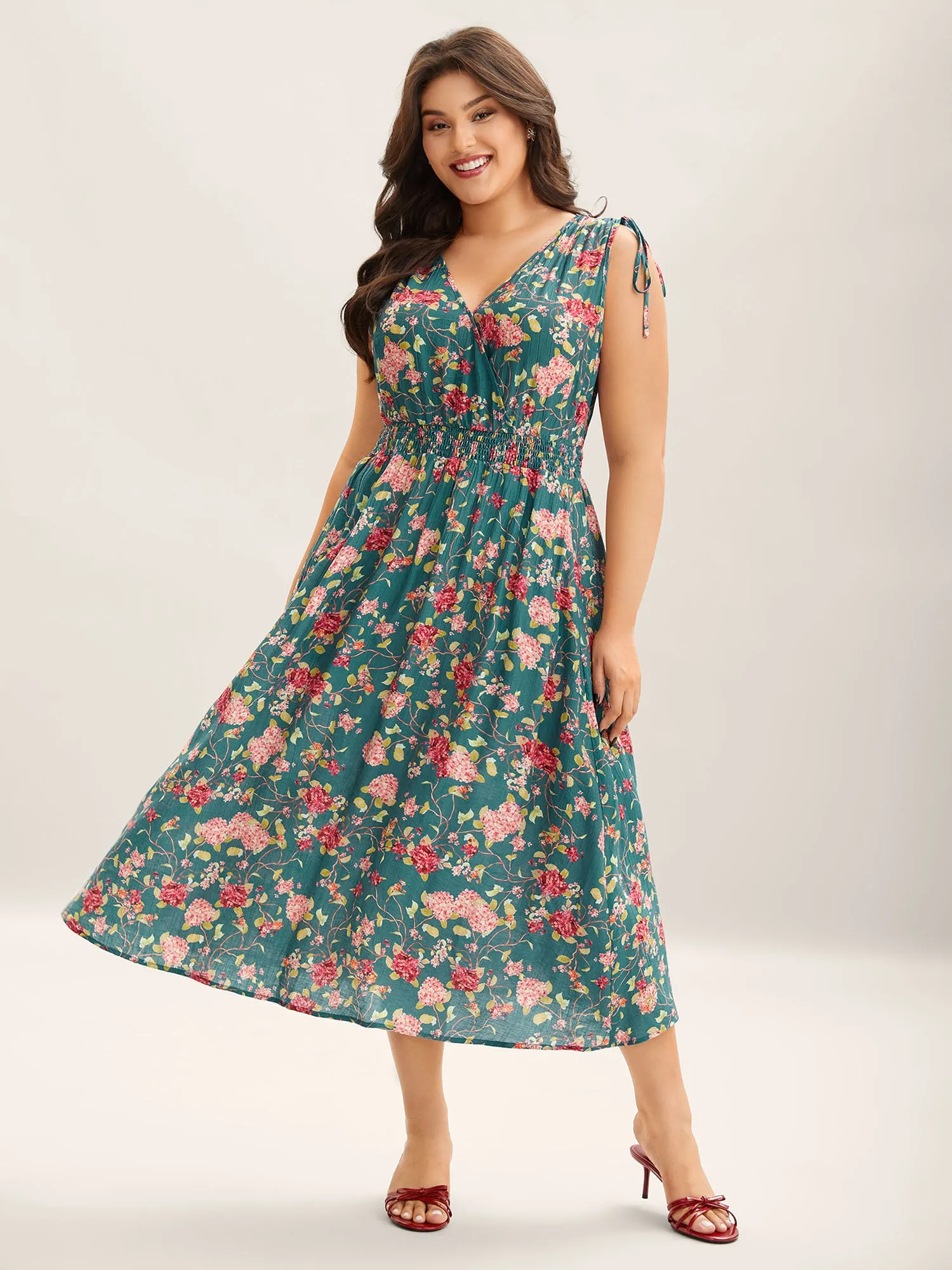 Floral Print Shoulder Tie Pockets Midi Dress sold by Bloomchic