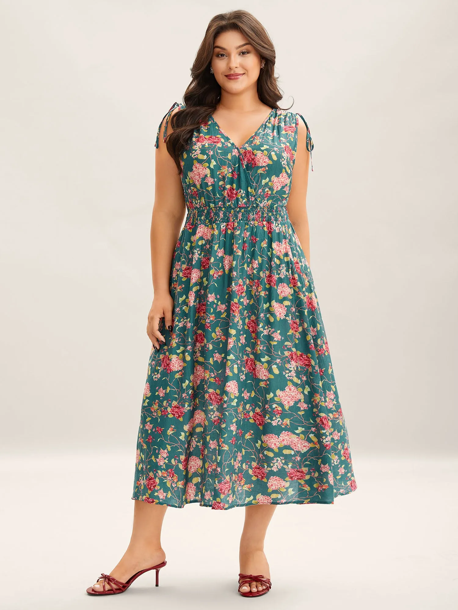 Floral Print Shoulder Tie Pockets Midi Dress sold by Bloomchic product image thumbnail 3