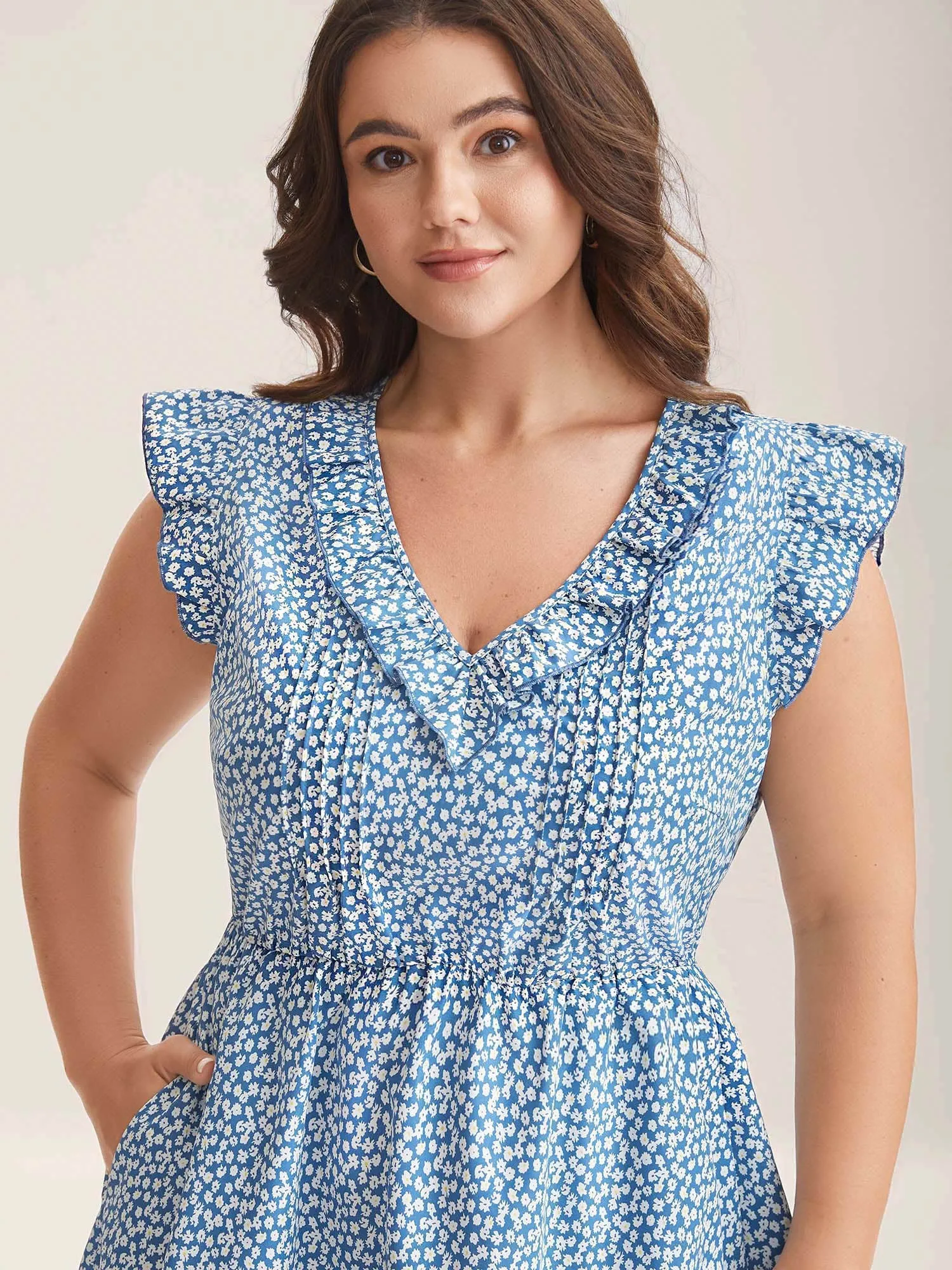 Floral Print Ruffled Neck Midi Dress sold by Bloomchic