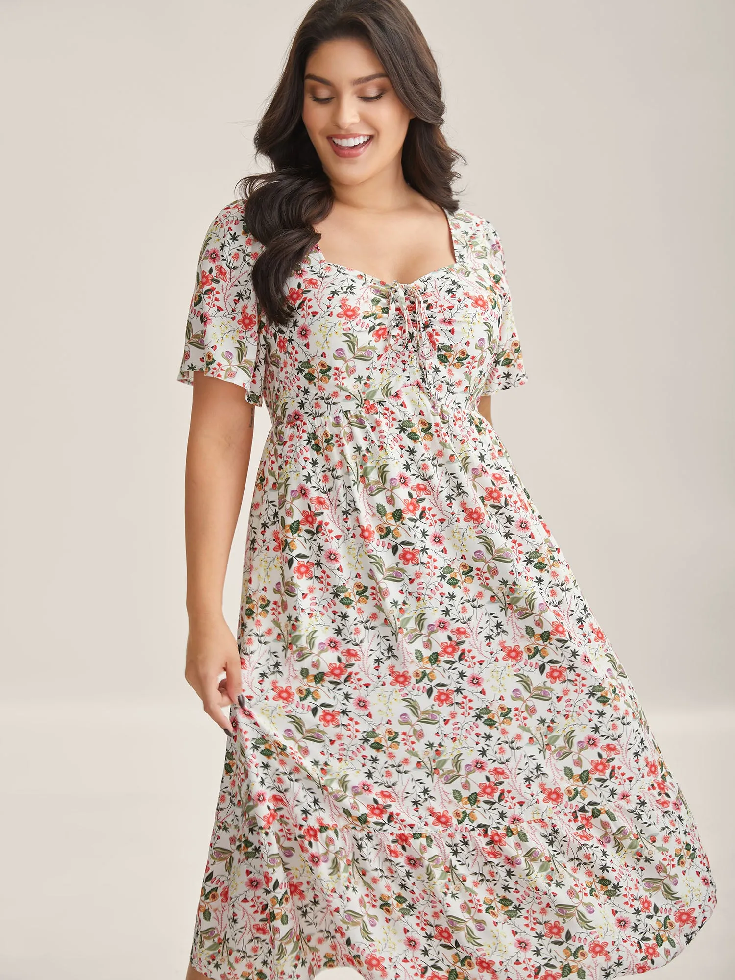 Rayon Fruity Print Drawstring Midi Dress sold by Bloomchic