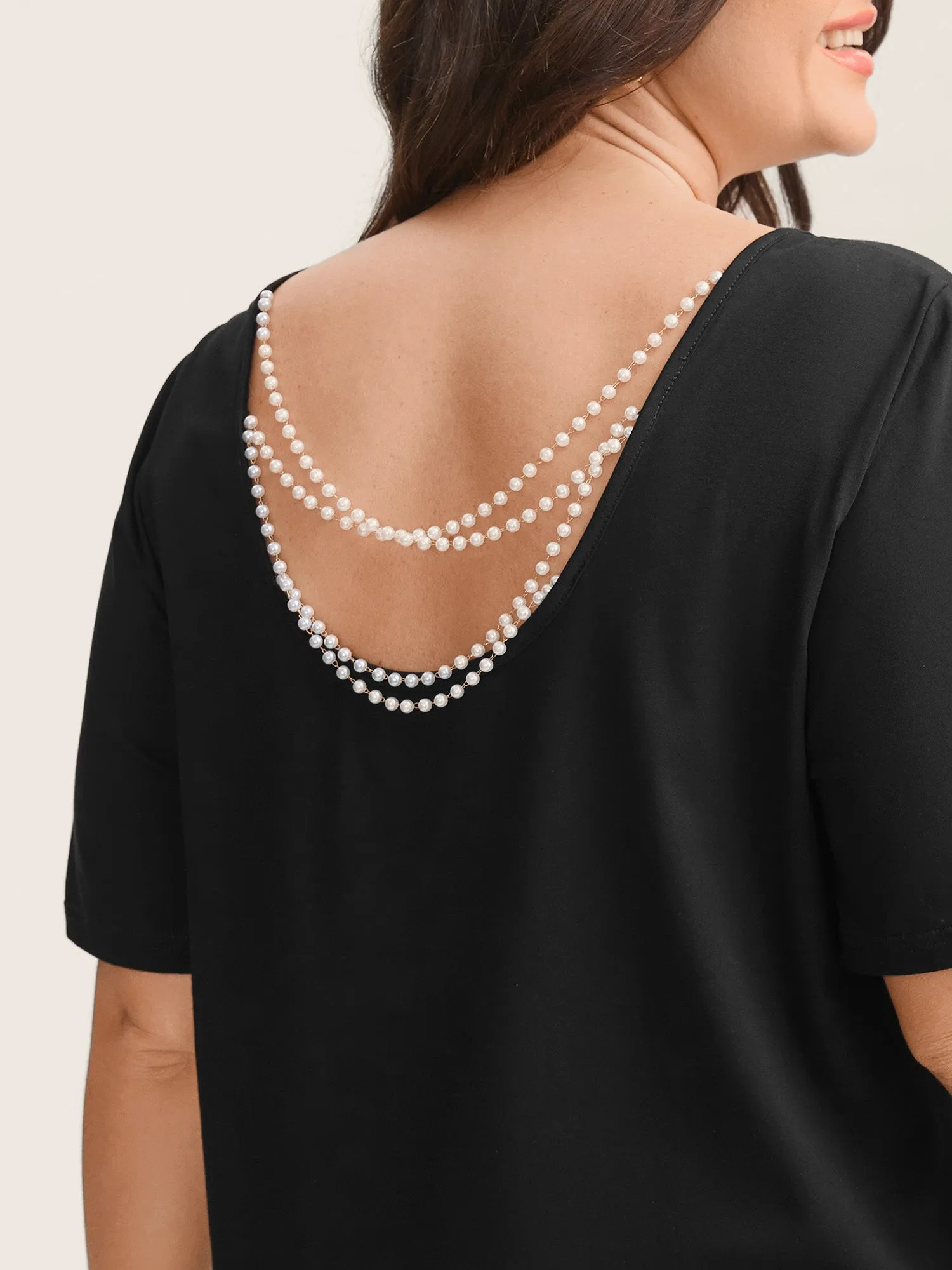 Cotton Backless Pearl Chain Stretchy T-Shirt sold by Bloomchic product image thumbnail 4