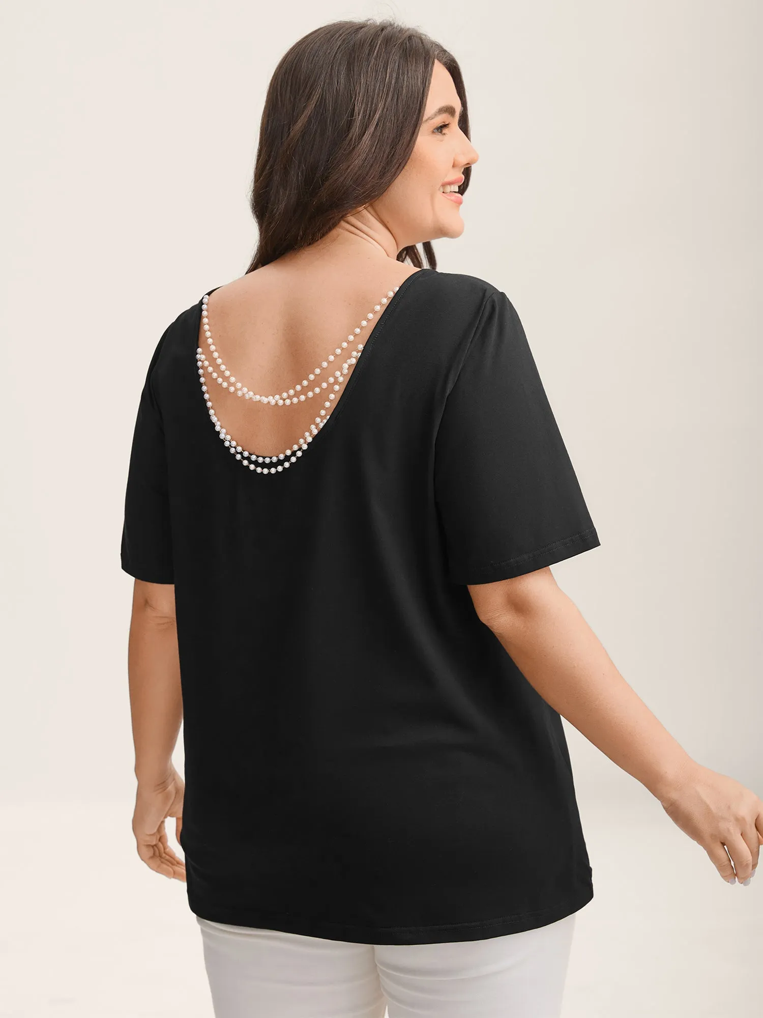 Cotton Backless Pearl Chain Stretchy T-Shirt sold by Bloomchic