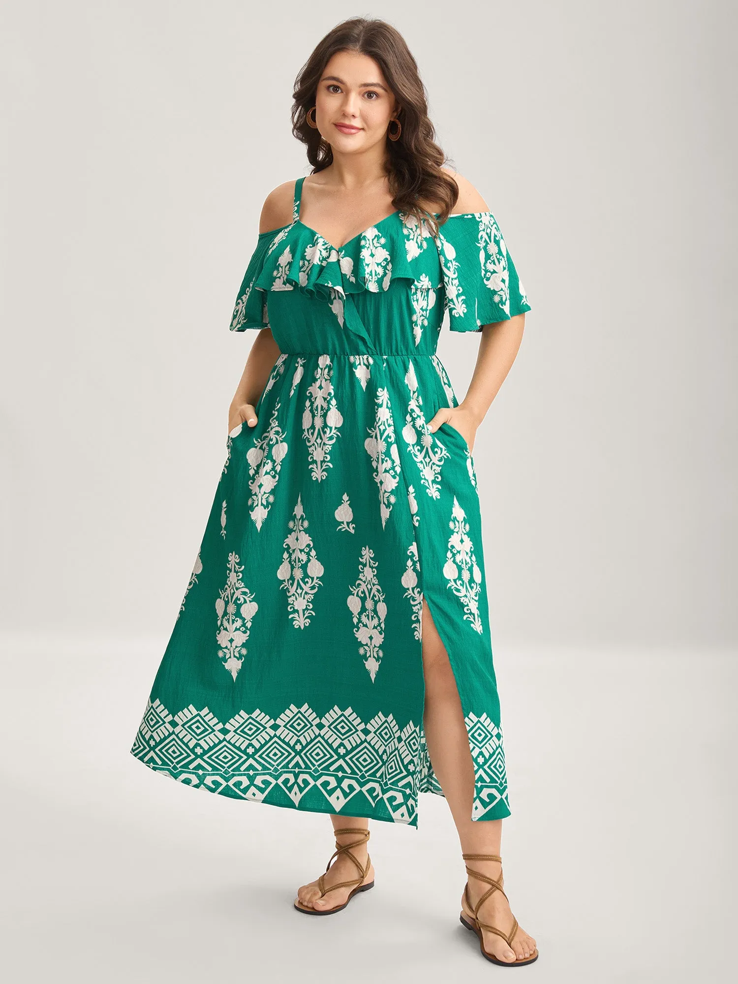 Rayon Boho Print Slit Pockets Midi Dress sold by Bloomchic