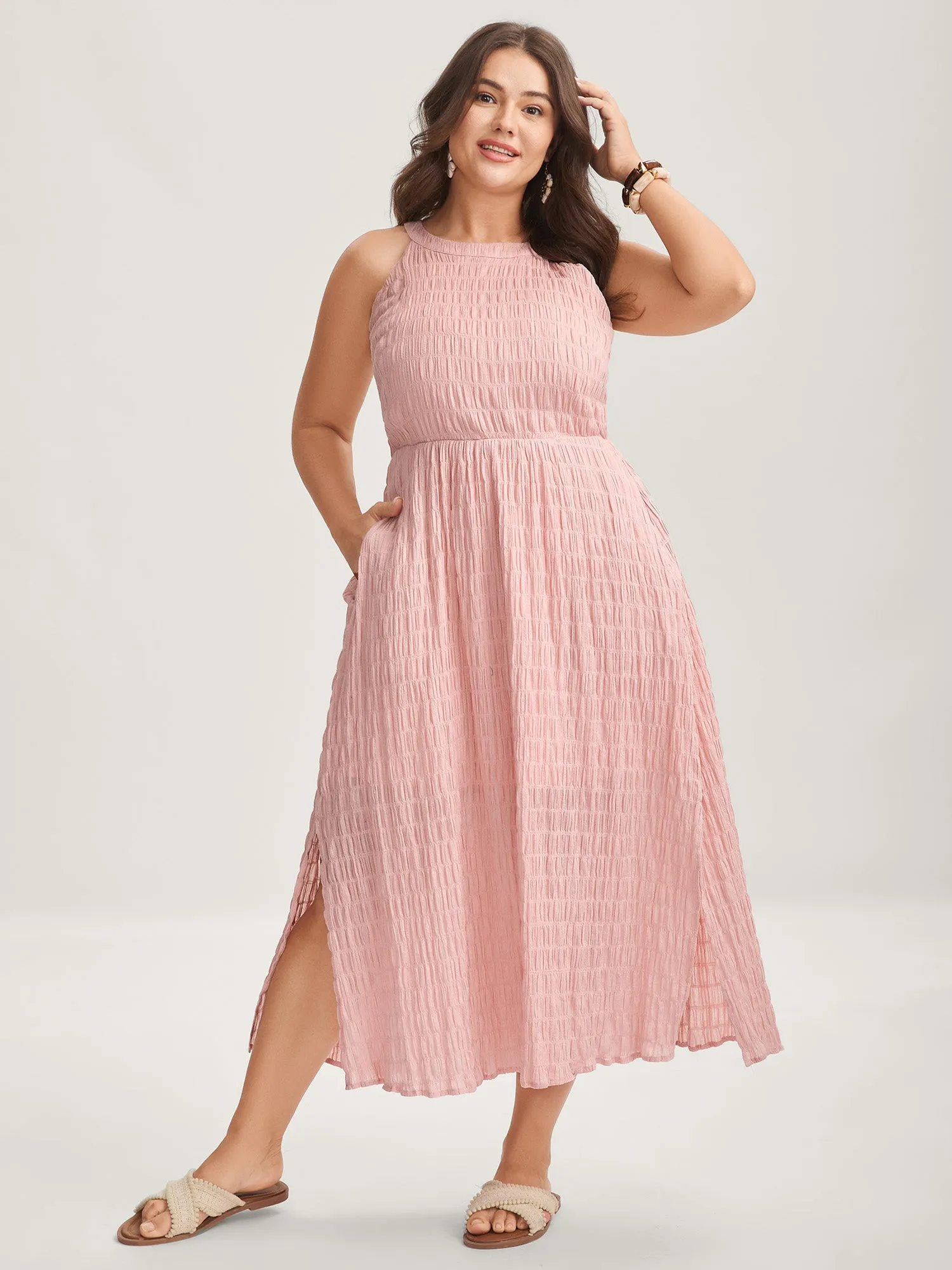 Textured Halter Neck Solid Midi Dress sold by Bloomchic