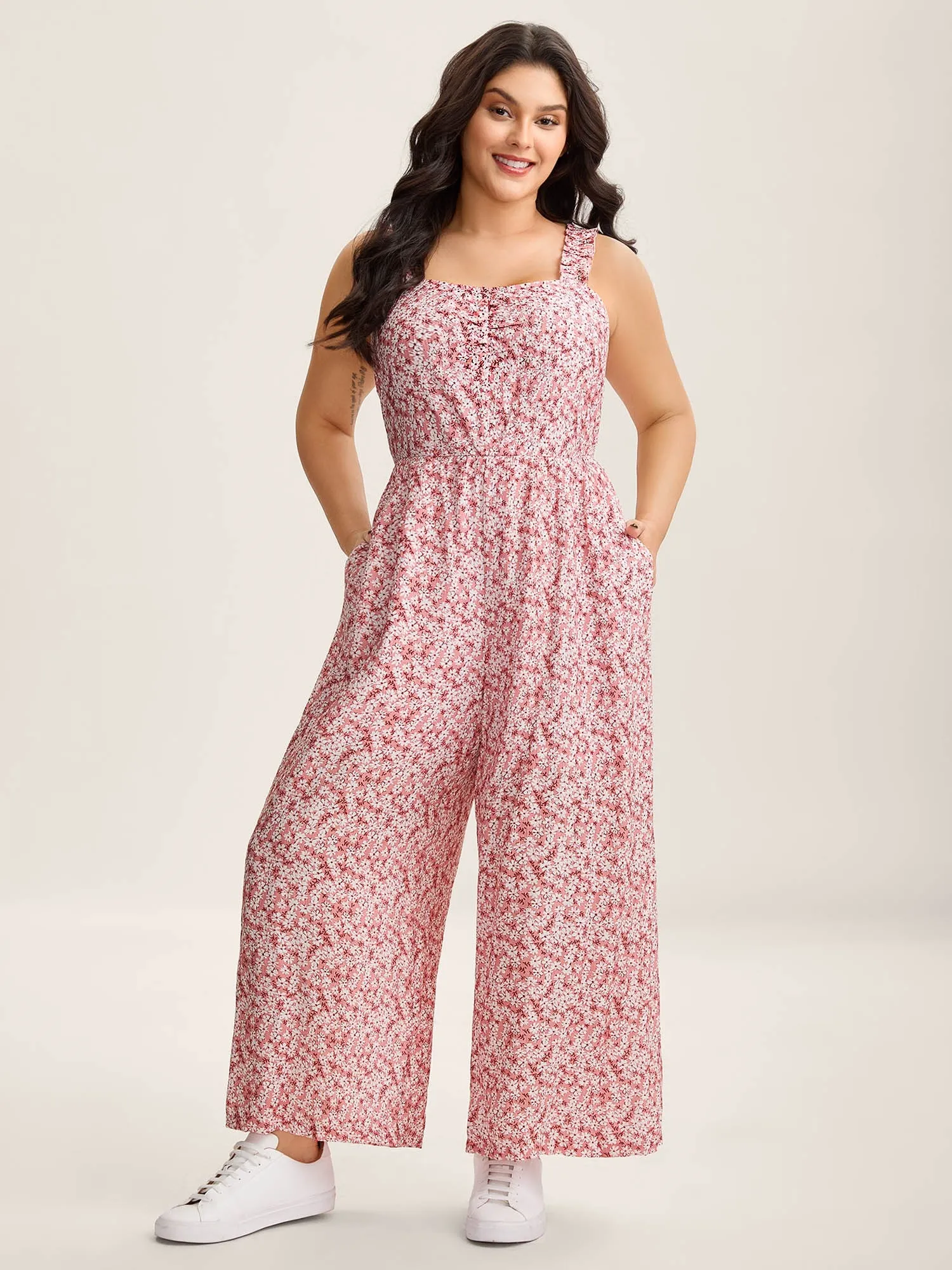 Pleated Bodice Petal Trim Straps Jumpsuit sold by Bloomchic