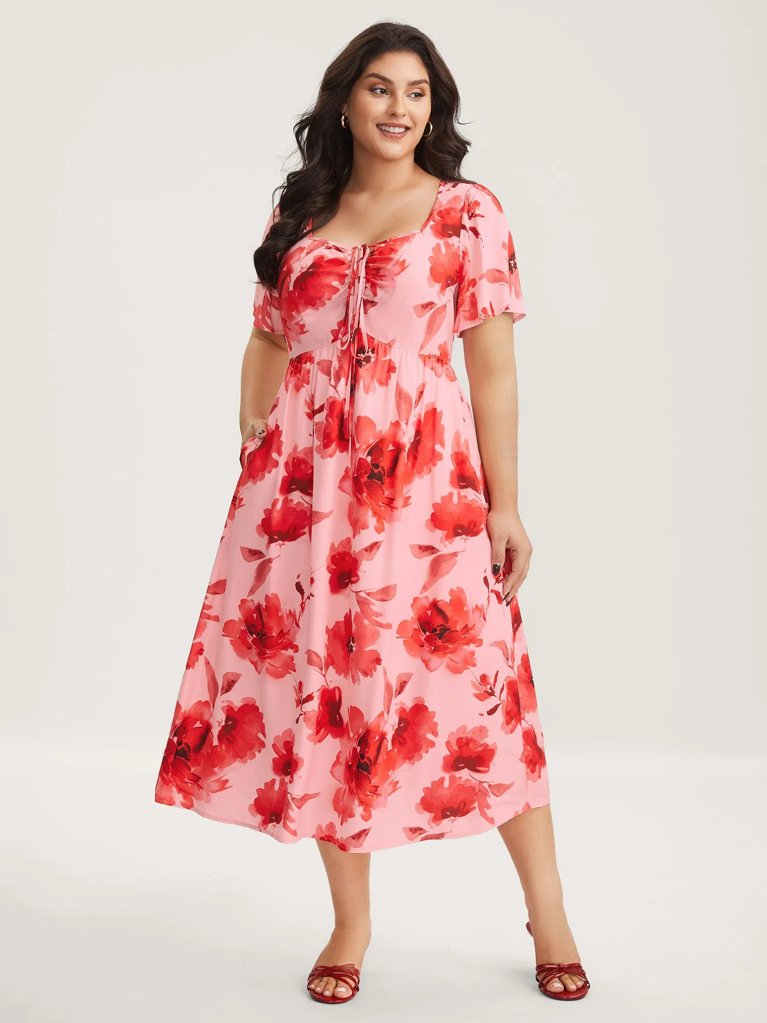 Rayon Romantic Floral Print Drawstring Midi Dress sold by Bloomchic