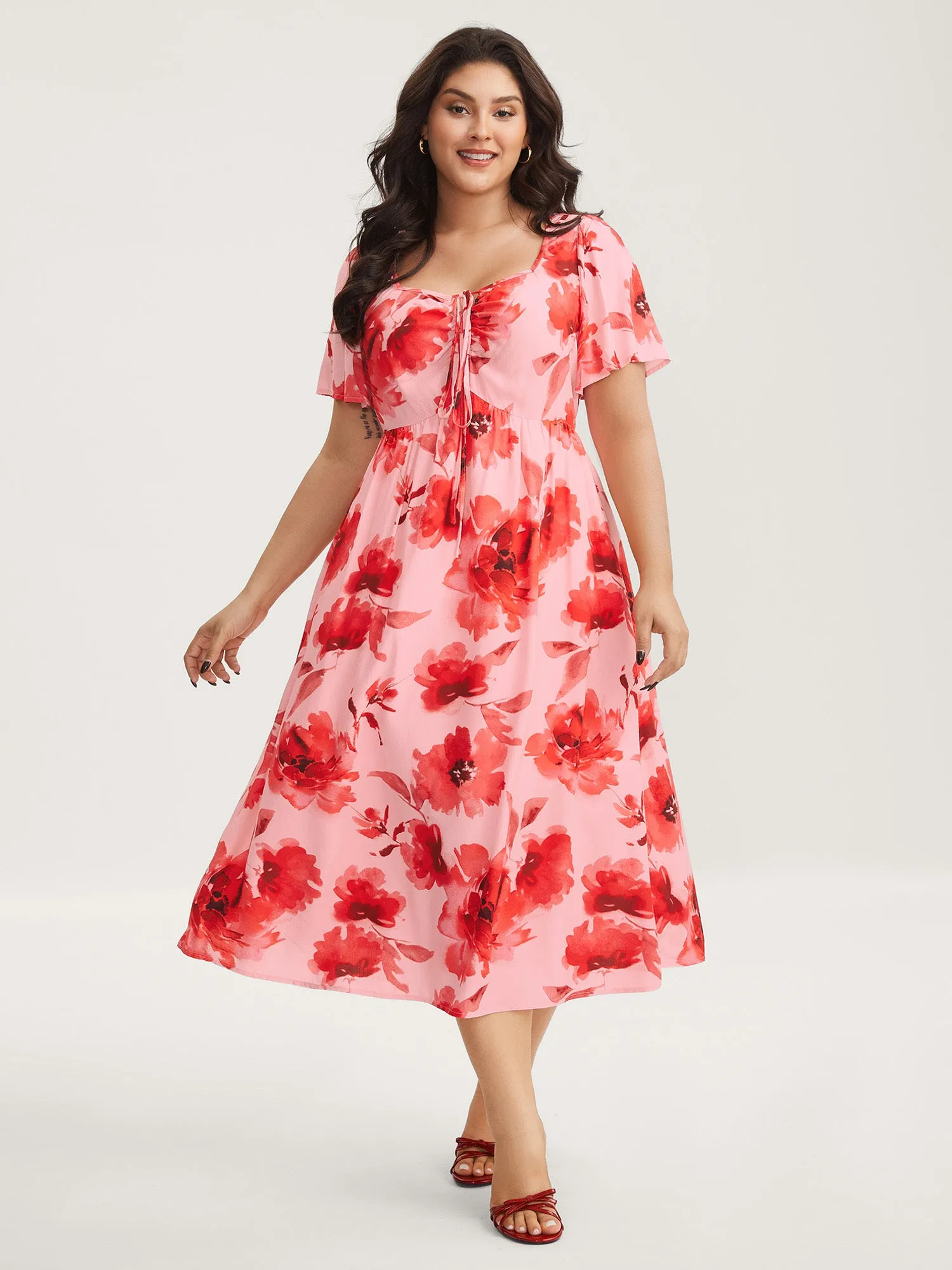 Rayon Romantic Floral Print Drawstring Midi Dress sold by Bloomchic product image thumbnail 3