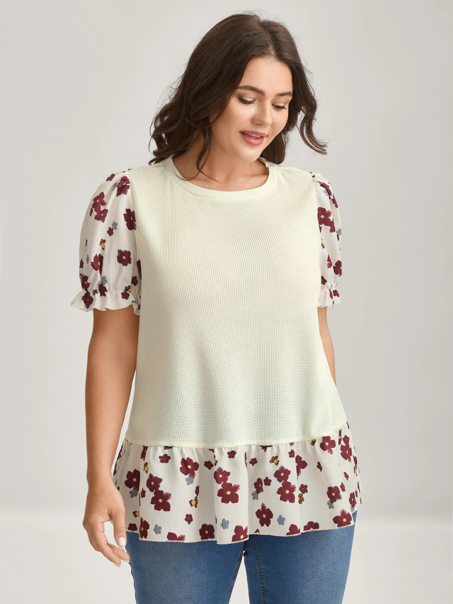Floral Detail Waffle Contrast Knit Top sold by Bloomchic