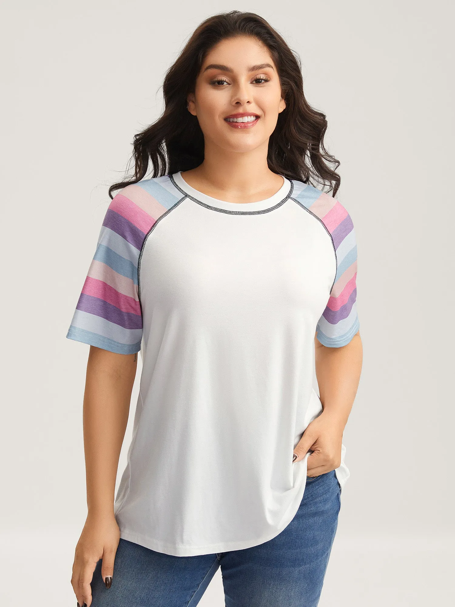 Colorful Stripes Raglan Sleeve T-Shirt sold by Bloomchic