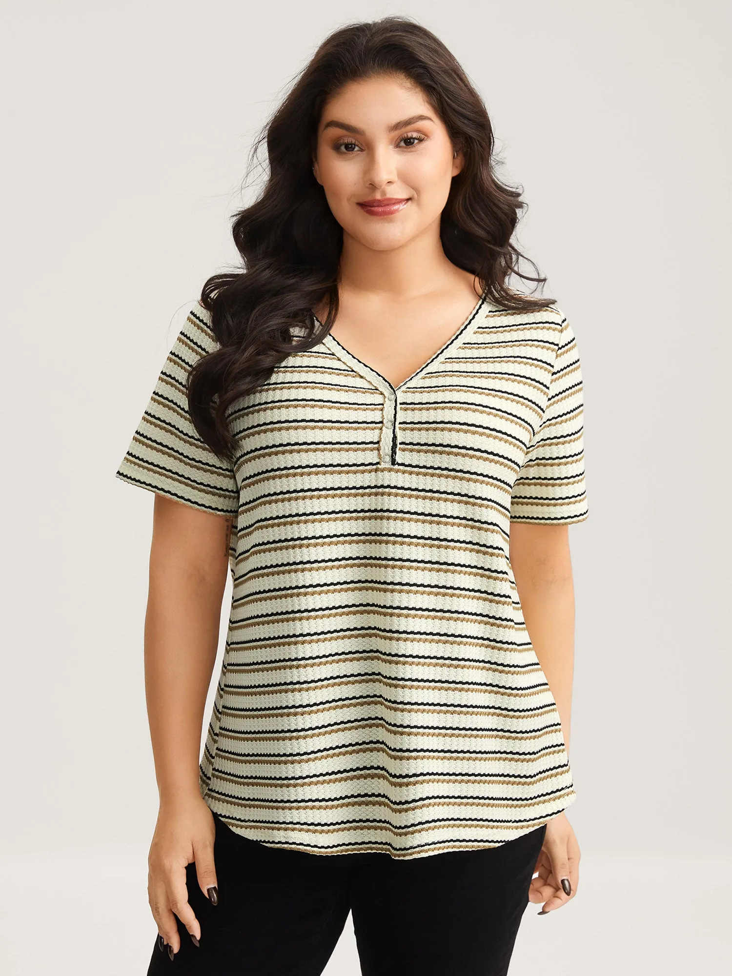 Waffle Stripe Button Detail T-Shirt sold by Bloomchic product image thumbnail 2