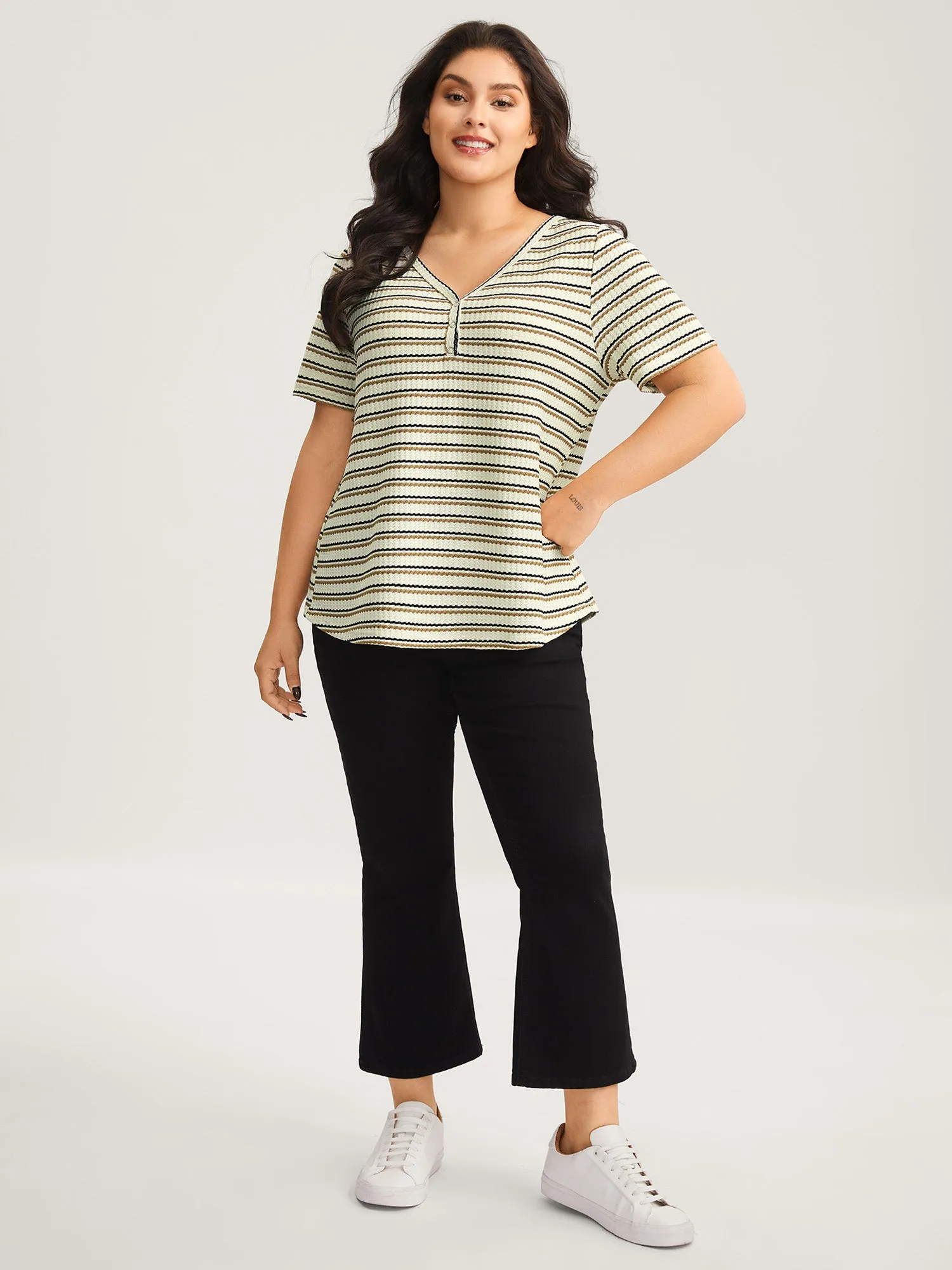 Waffle Stripe Button Detail T-Shirt sold by Bloomchic product image thumbnail 3