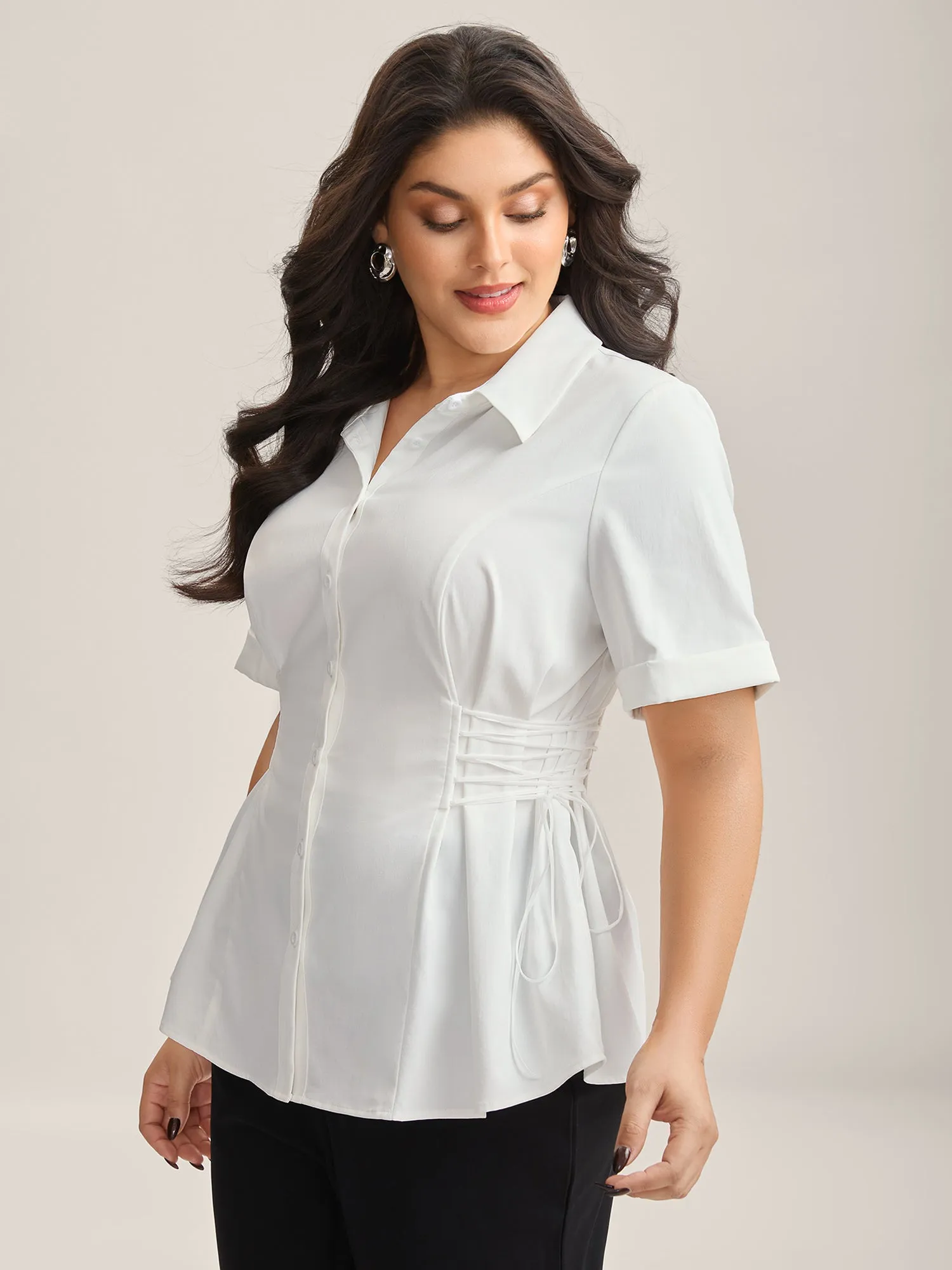 Adjustable Waist Button Placket Solid Blouse sold by Bloomchic