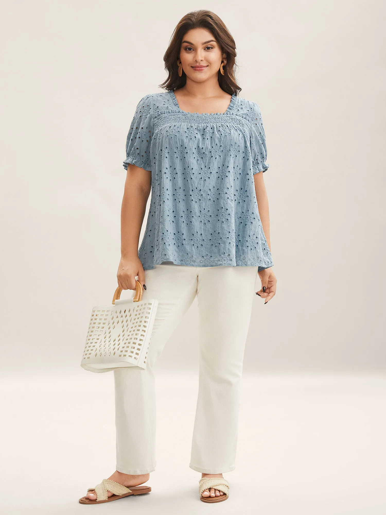 Eyelet Trim Shirred Neck Puffy Sleeve Blouse sold by Bloomchic product image thumbnail 3