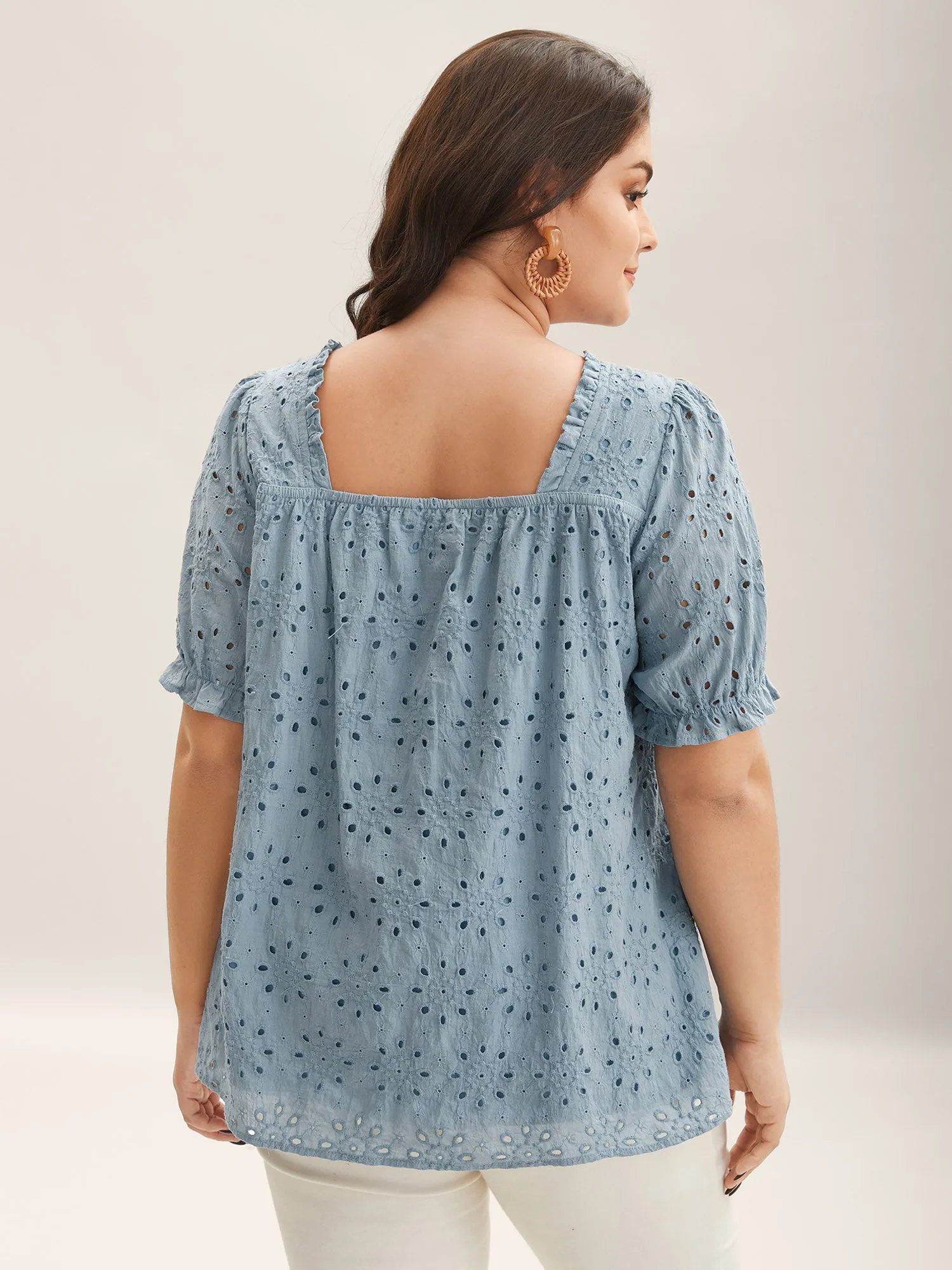 Eyelet Trim Shirred Neck Puffy Sleeve Blouse sold by Bloomchic product image thumbnail 4
