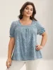 Eyelet Trim Shirred Neck Puffy Sleeve Blouse sold by Bloomchic