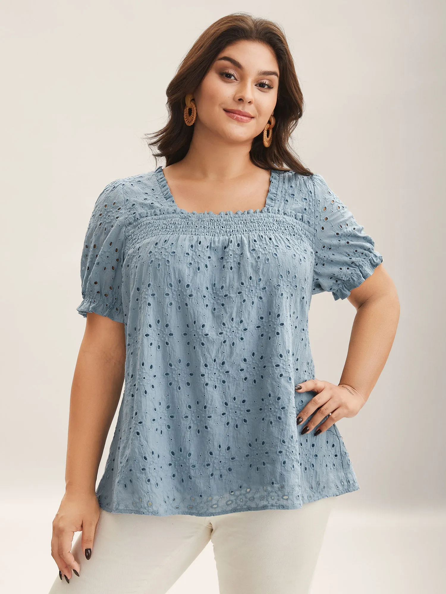 Eyelet Trim Shirred Neck Puffy Sleeve Blouse sold by Bloomchic product image thumbnail 2