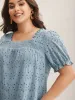 Eyelet Trim Shirred Neck Puffy Sleeve Blouse sold by Bloomchic