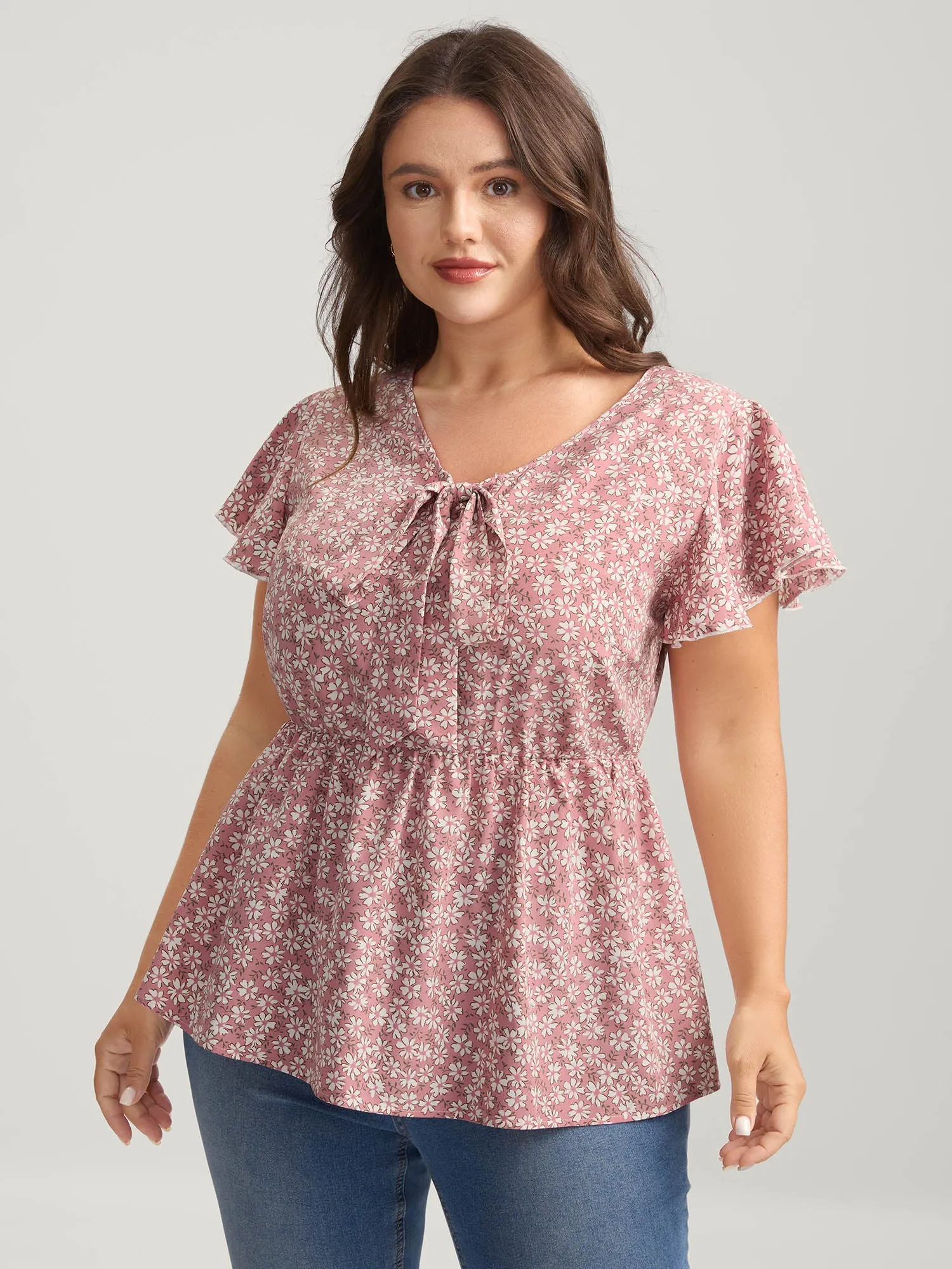 Ribbon Neck Floral Print Ruffled Blouse sold by Bloomchic