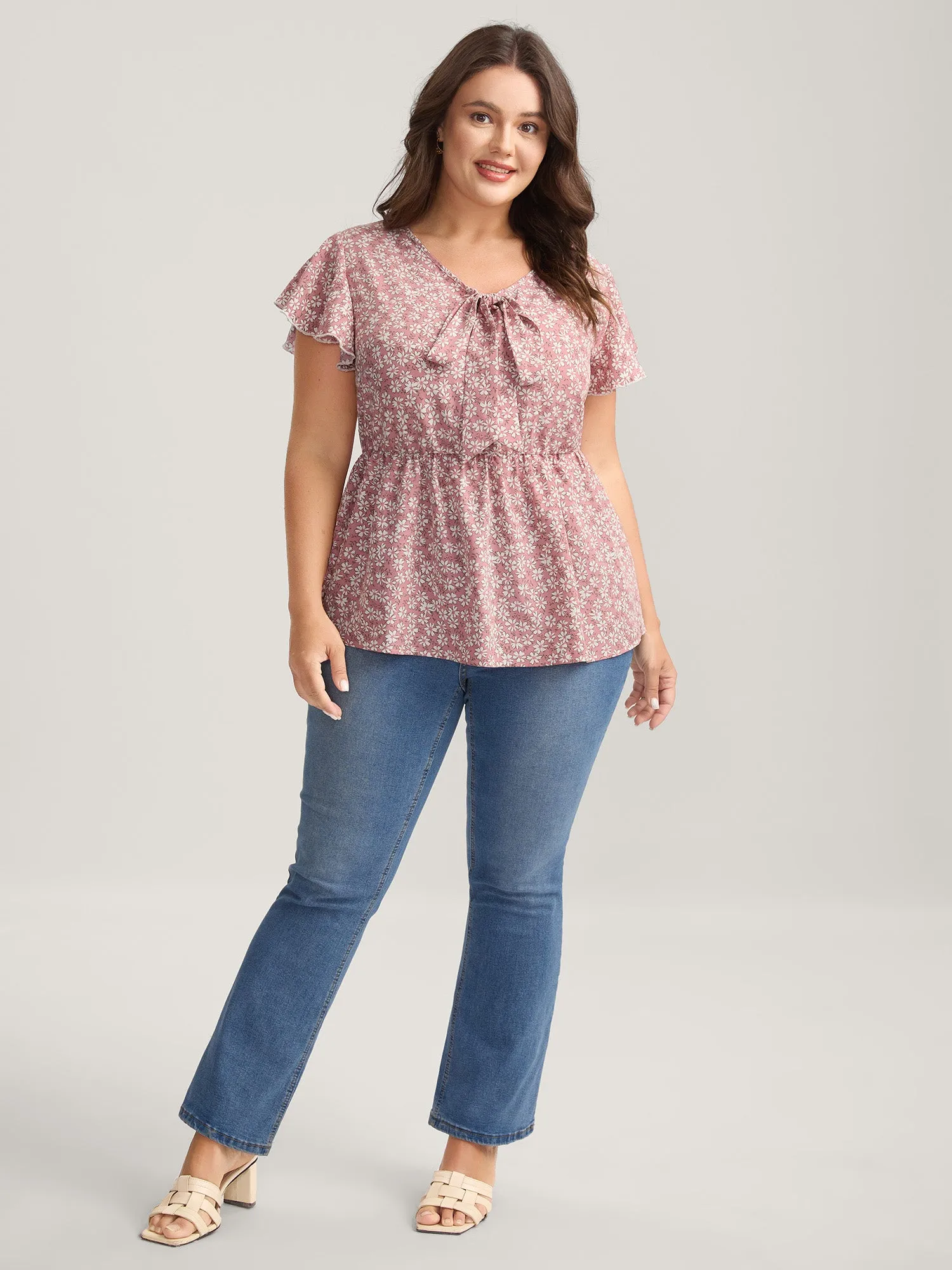 Ribbon Neck Floral Print Ruffled Blouse sold by Bloomchic product image thumbnail 4