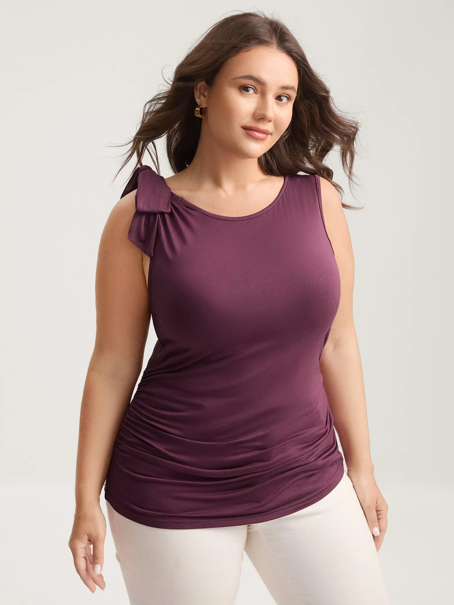 Bow-Tie Ruched Waist Solid Tank Top sold by Bloomchic