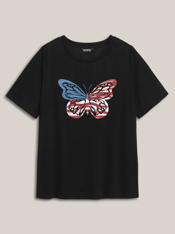 Colorful Butterfly Print Round Neck T-Shirt sold by Bloomchic