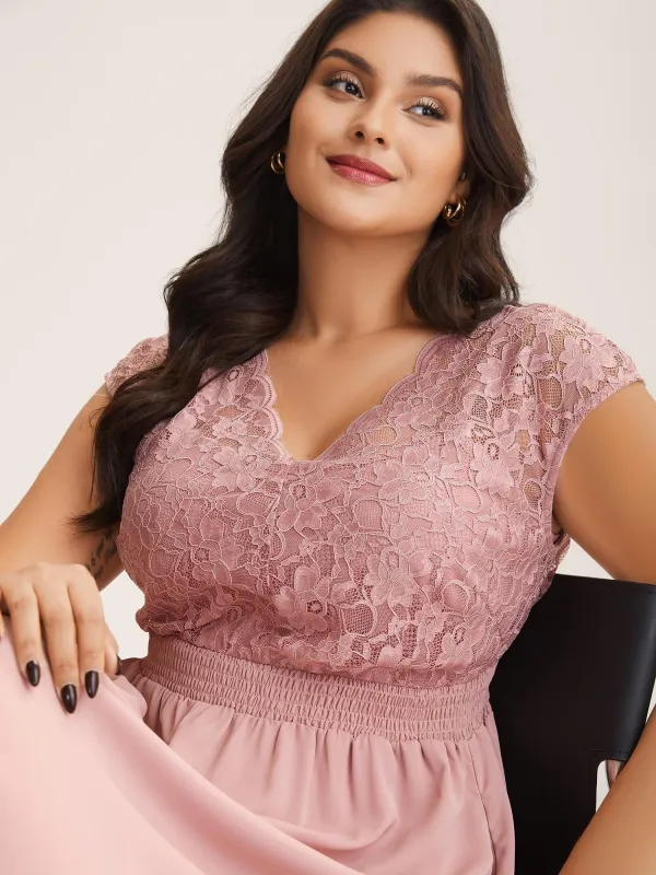 Lace Sheer Stretchy Waist Solid Midi Dress sold by Bloomchic