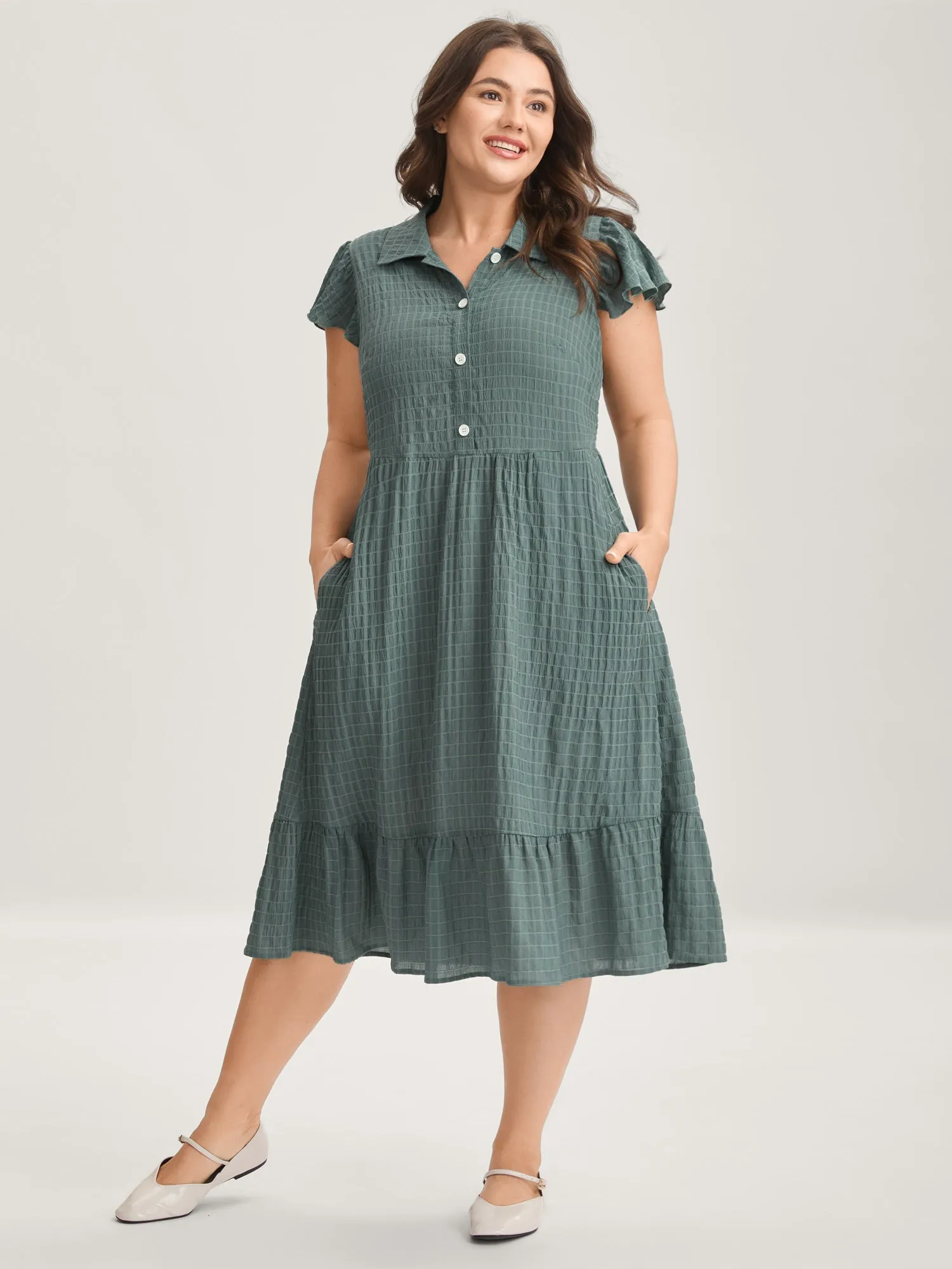 Textured Pockets Collar Flutter Sleeve Midi Dress sold by Bloomchic product image thumbnail 3