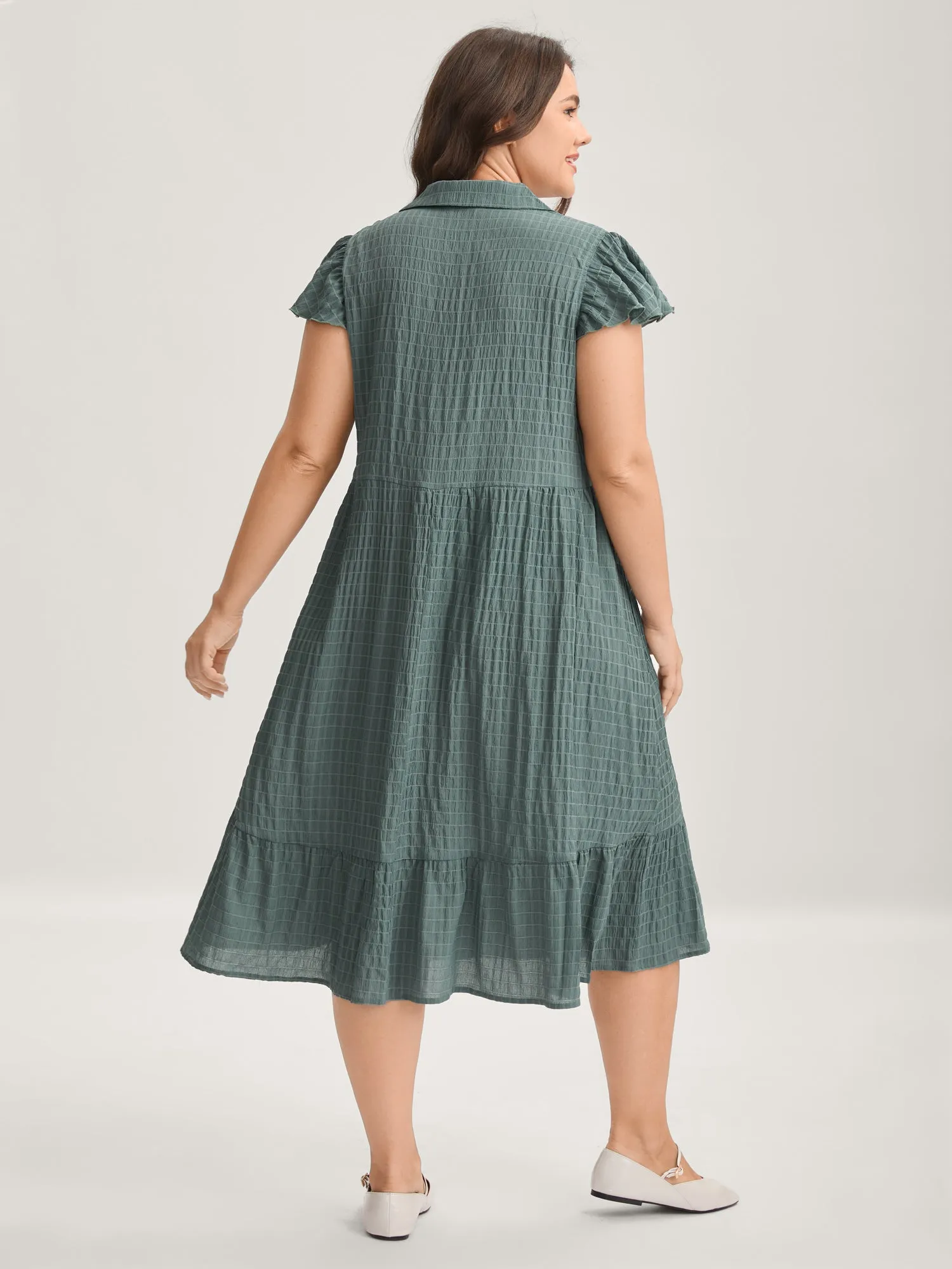 Textured Pockets Collar Flutter Sleeve Midi Dress sold by Bloomchic product image thumbnail 4