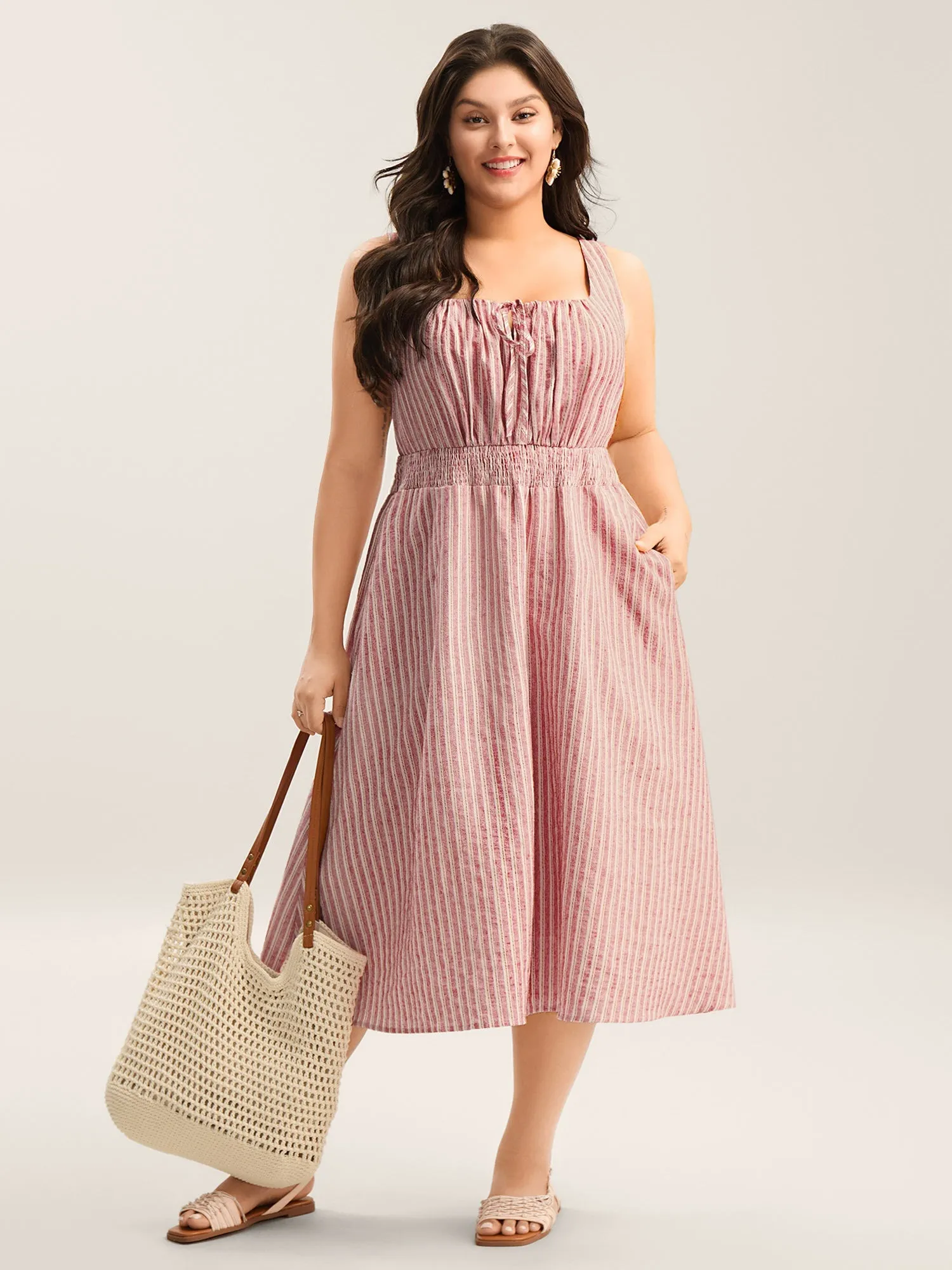 Stripe Print Shirred Waist Midi Dress sold by Bloomchic