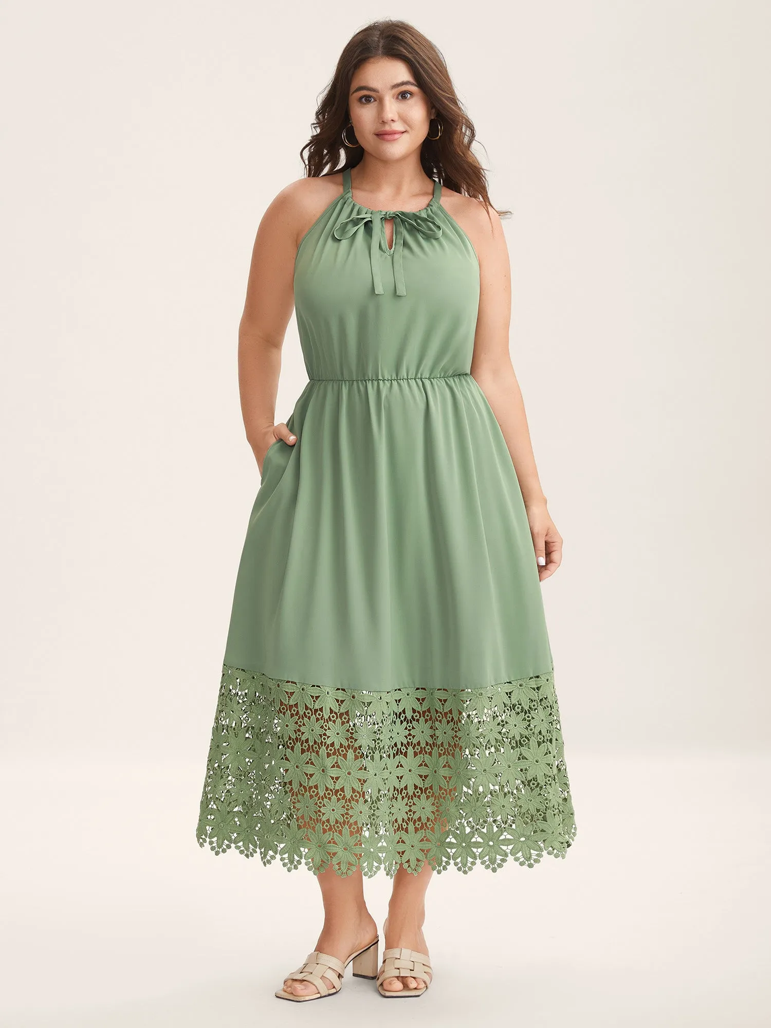 Lace Cut-Out Stretchy Waist Midi Dress sold by Bloomchic