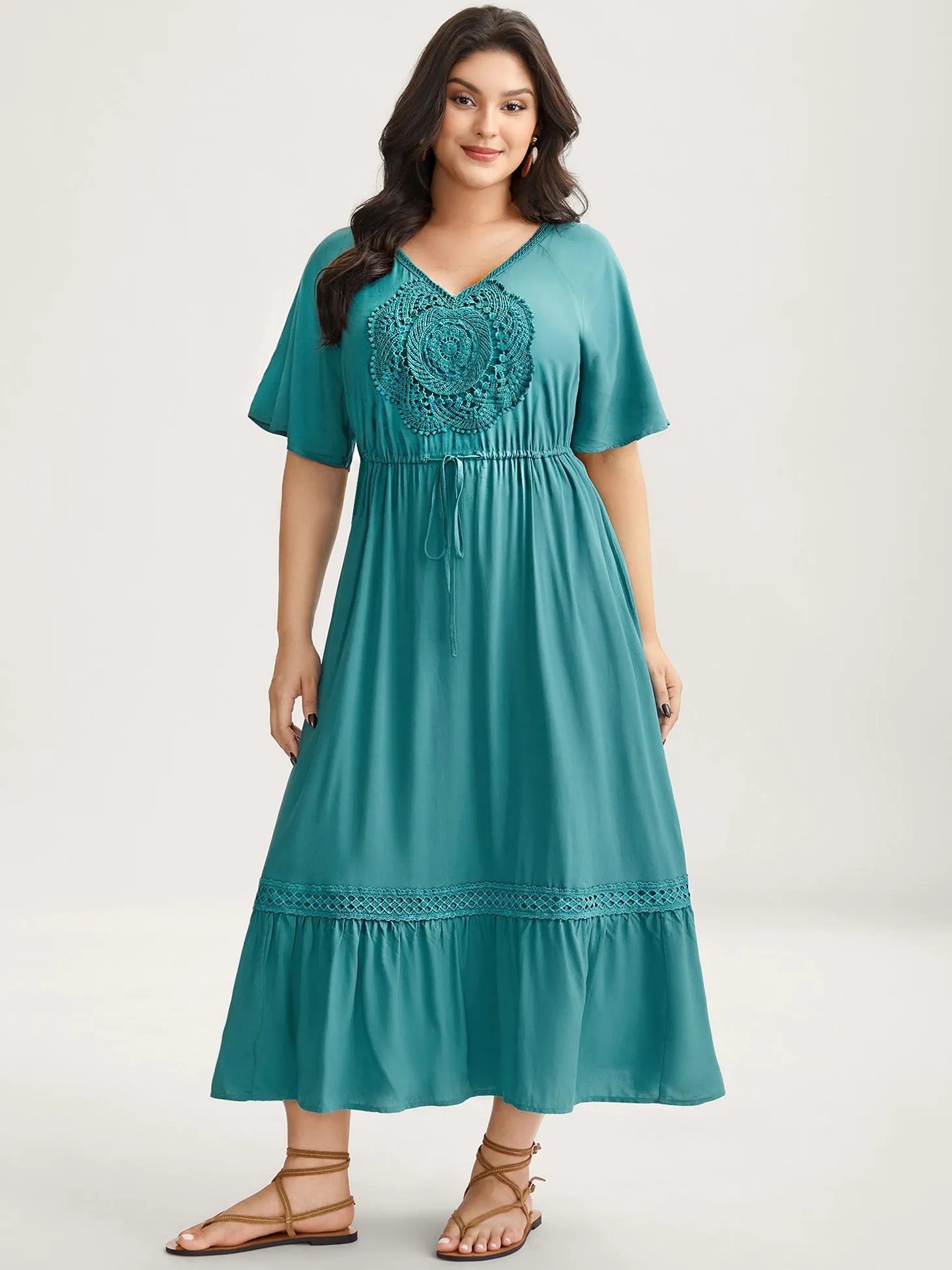 Rayon Lace Trim Waist Tie Midi Dress sold by Bloomchic