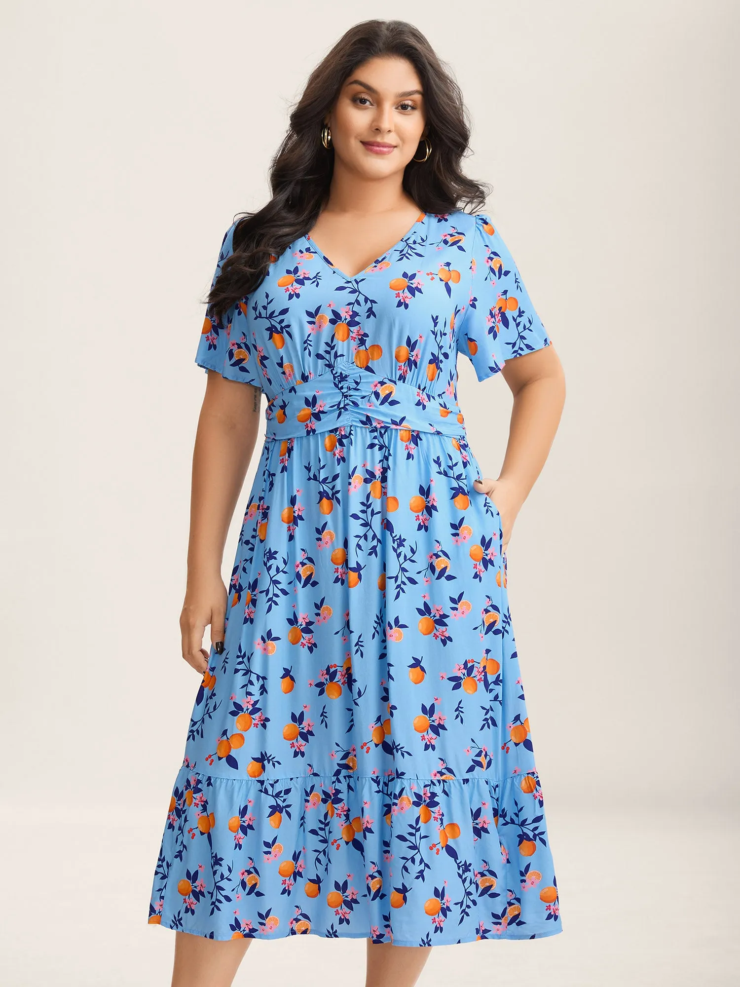 Citrus Print Cinched-Waist Midi Dress sold by Bloomchic