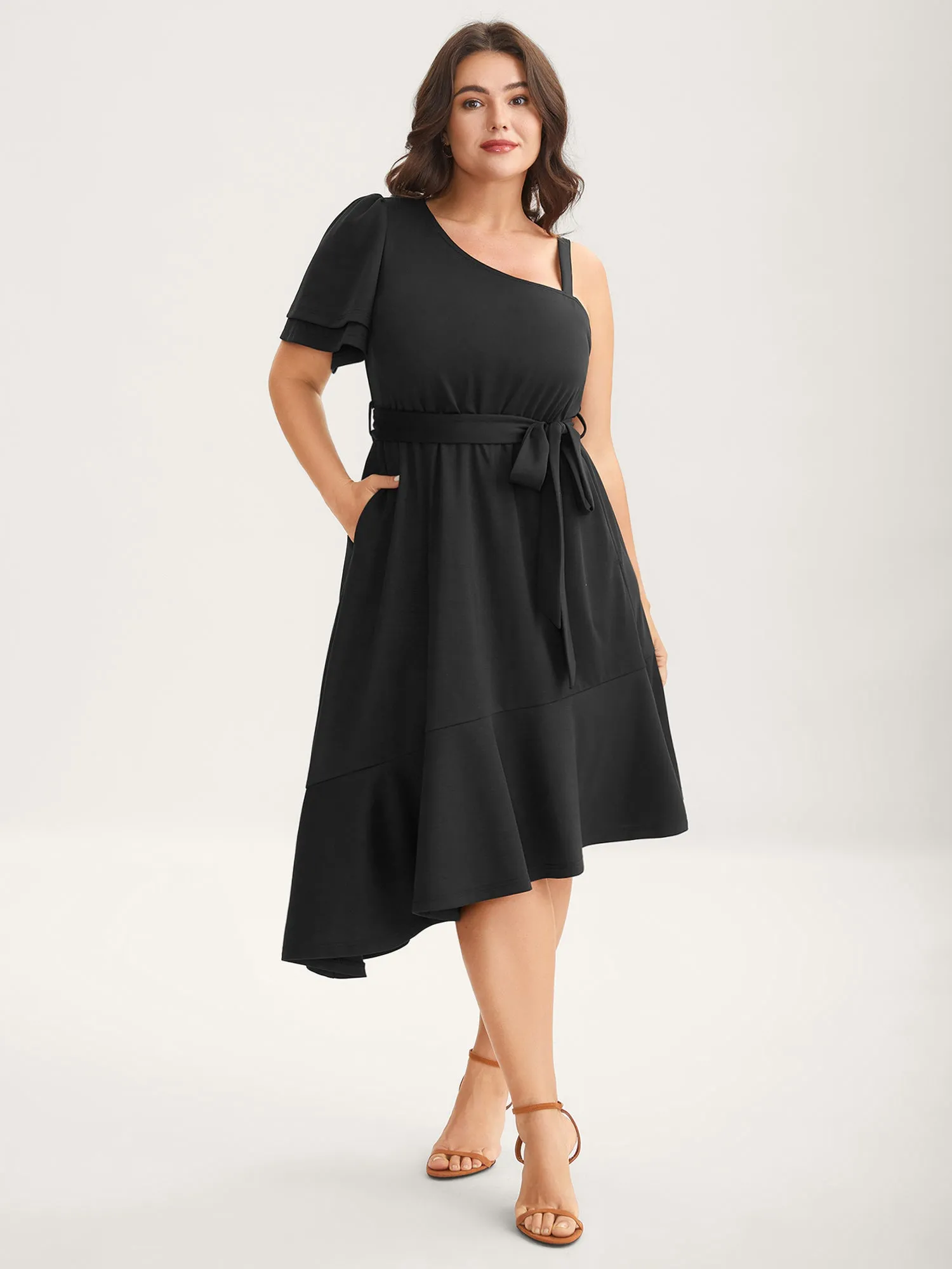One-Shoulder Ruffled Belted Midi Dress sold by Bloomchic