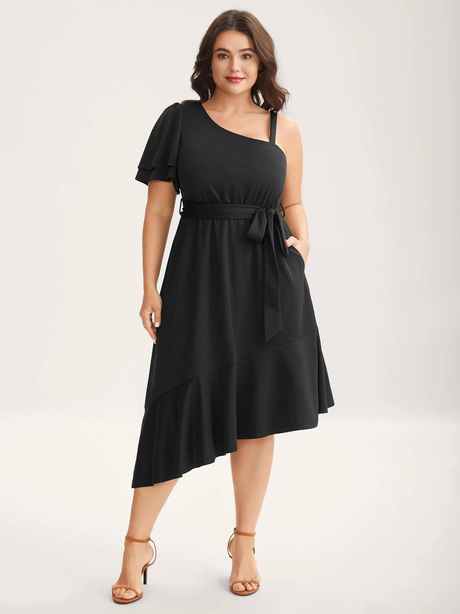 One-Shoulder Ruffled Belted Midi Dress sold by Bloomchic product image thumbnail 3