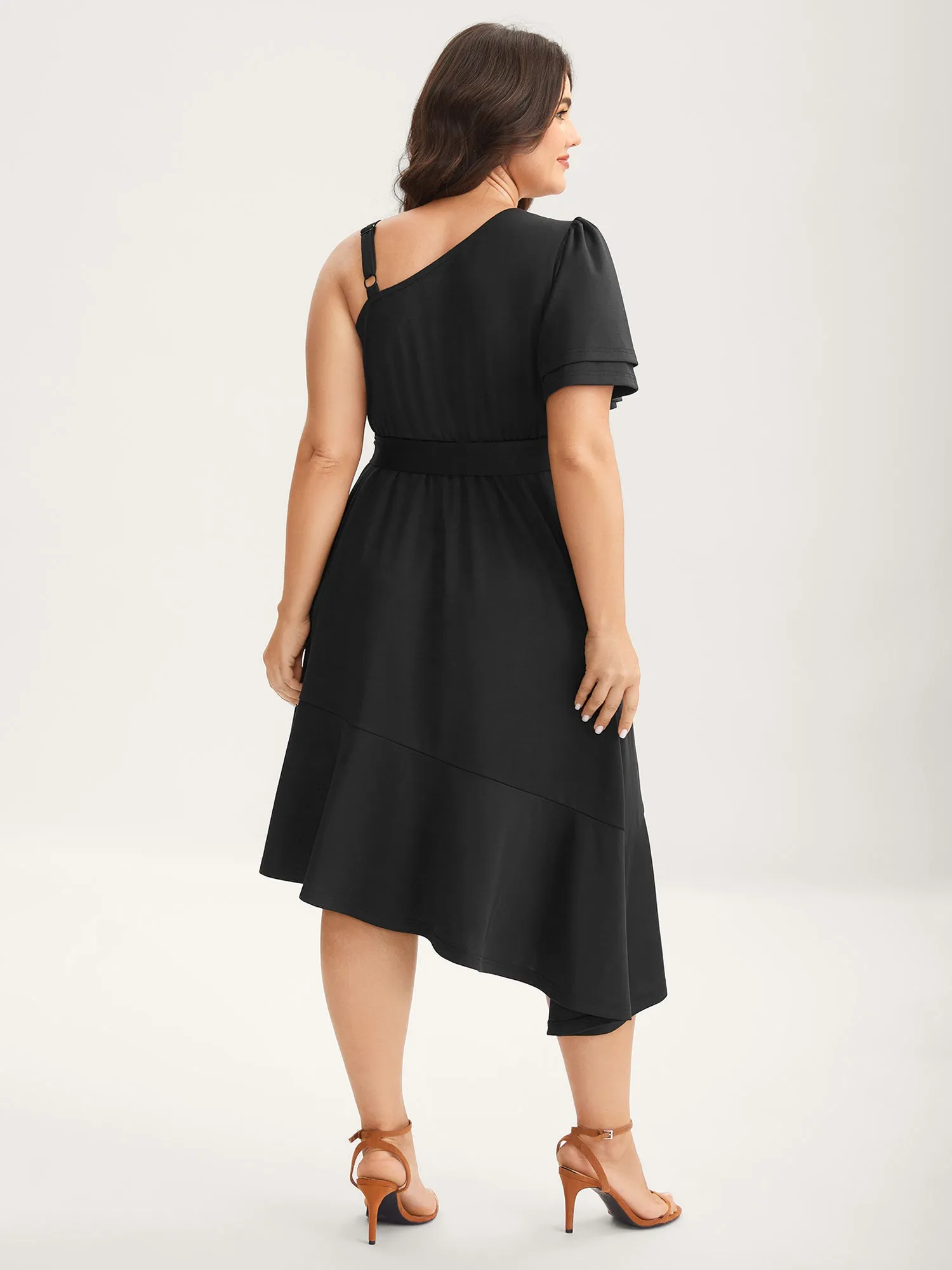 One-Shoulder Ruffled Belted Midi Dress sold by Bloomchic product image thumbnail 4