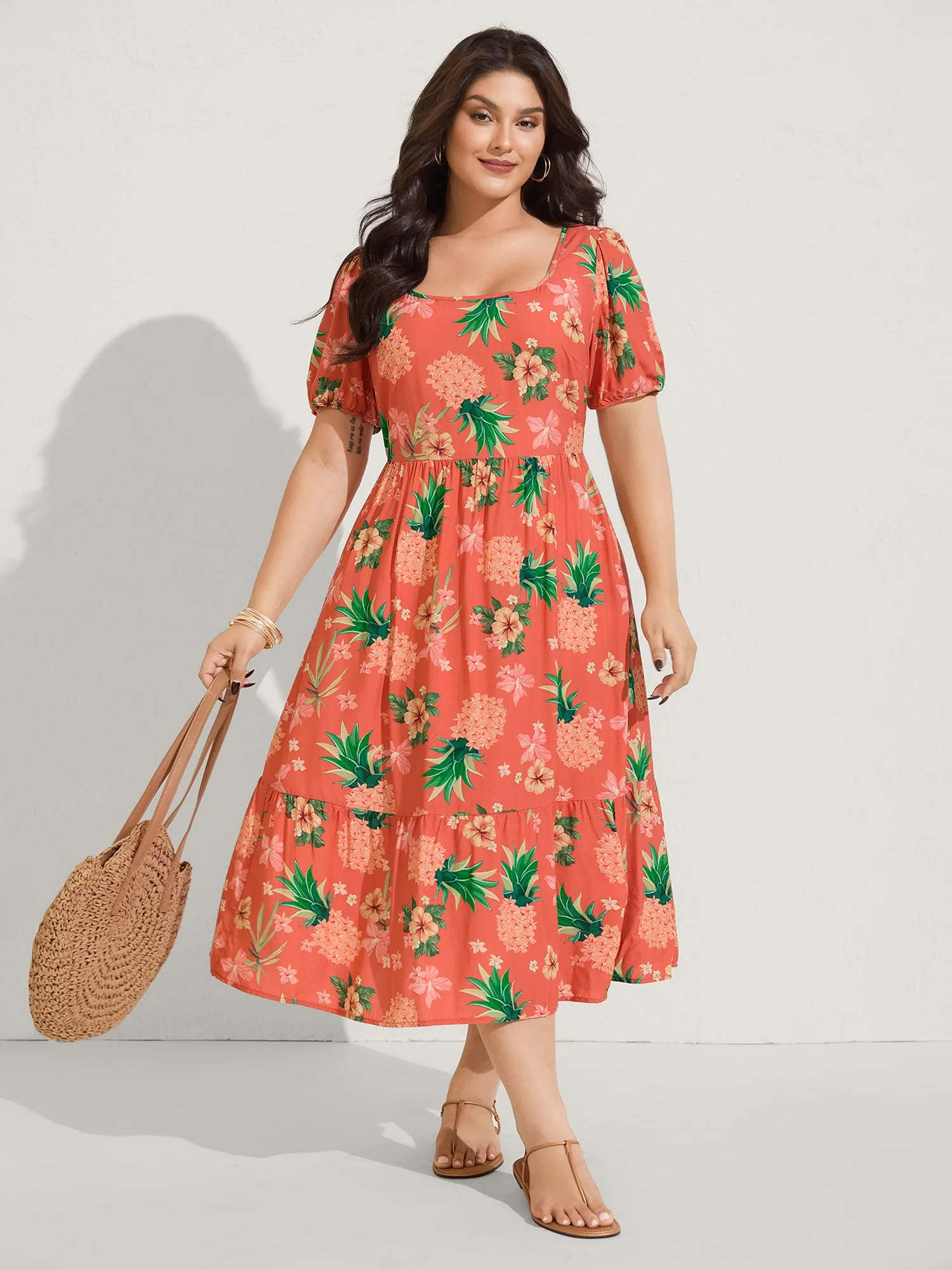 Fruity Floral Print Square Neck Midi Dress sold by Bloomchic