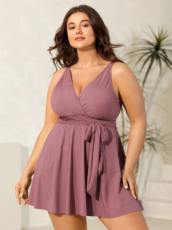 Textured Belted Solid Swim Dress made by Bloomchic